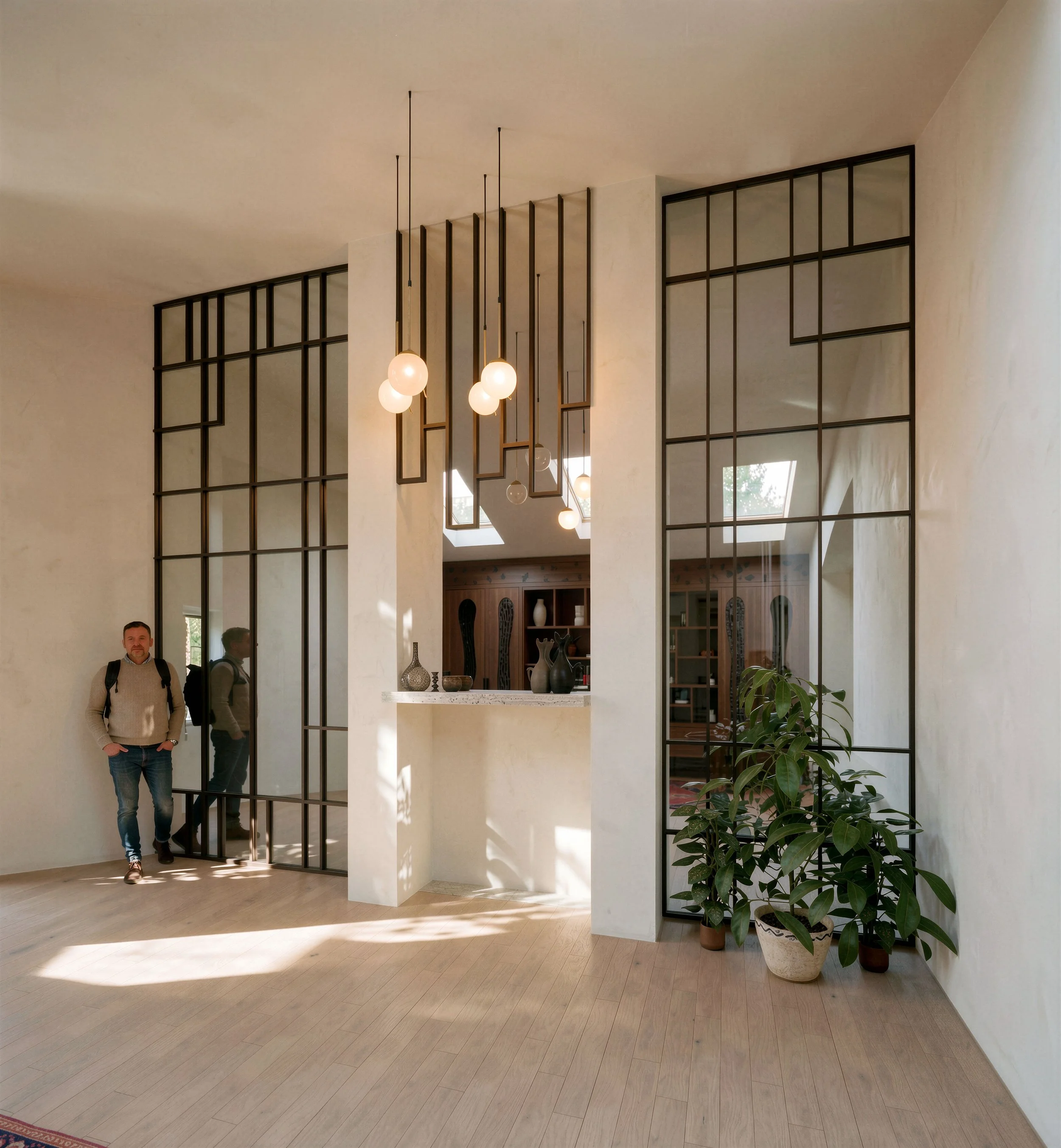 Lime plaster, steel-framed glazing, and oak floor in a Coventry home — three natural materials chosen to age gracefully over time.