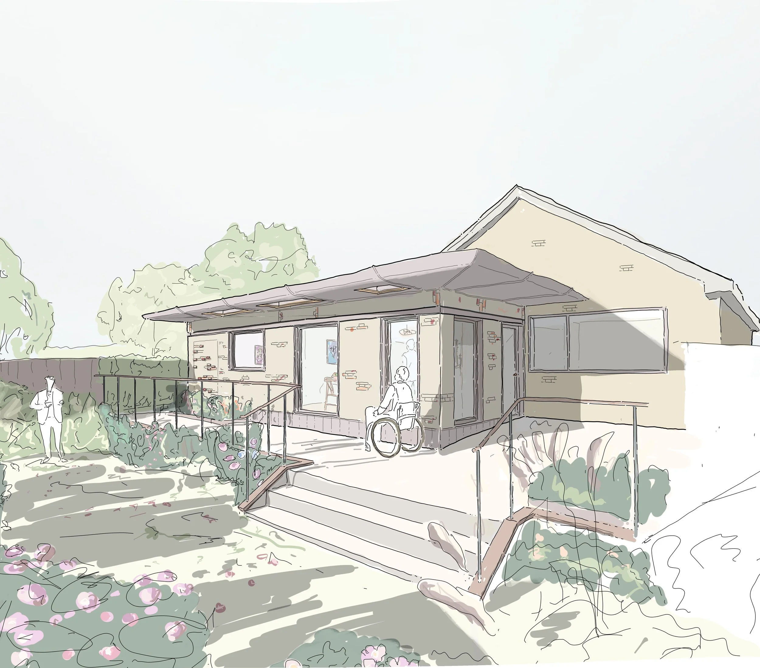 RIBA Stage 3 architectural drawing of an accessible single-storey home extension in Coventry with level access and integrated landscaping.