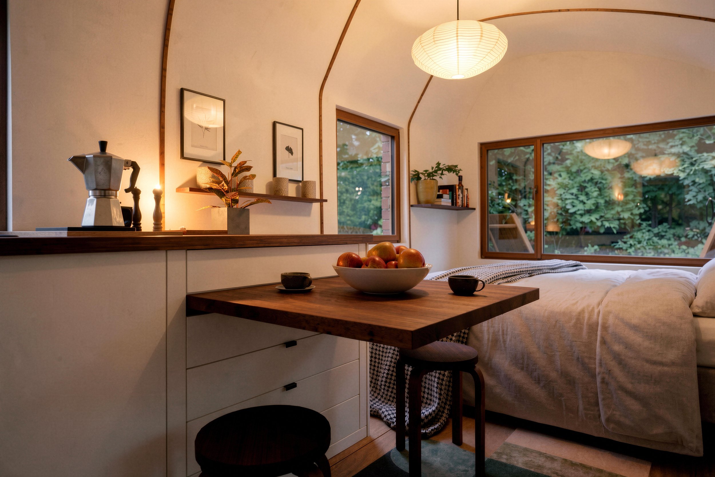 Monocoque Cabin II interior at night with fold-down table, kitchen and double bed