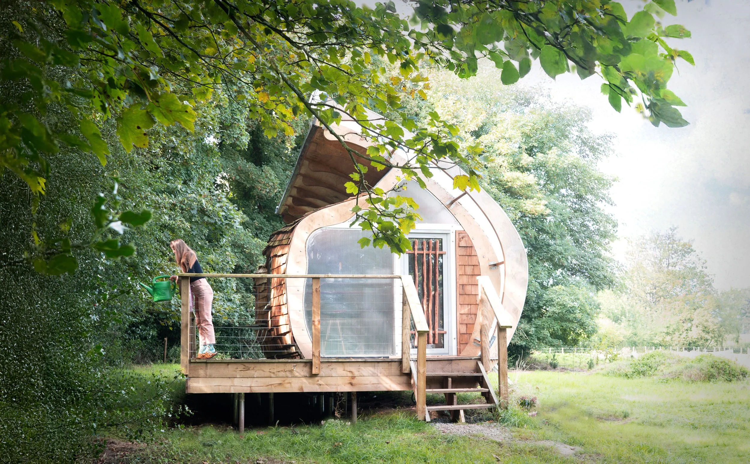Architect-designed Monocoque Cabin in woodland — curved timber frame with cedar shingles and polycarbonate façade.