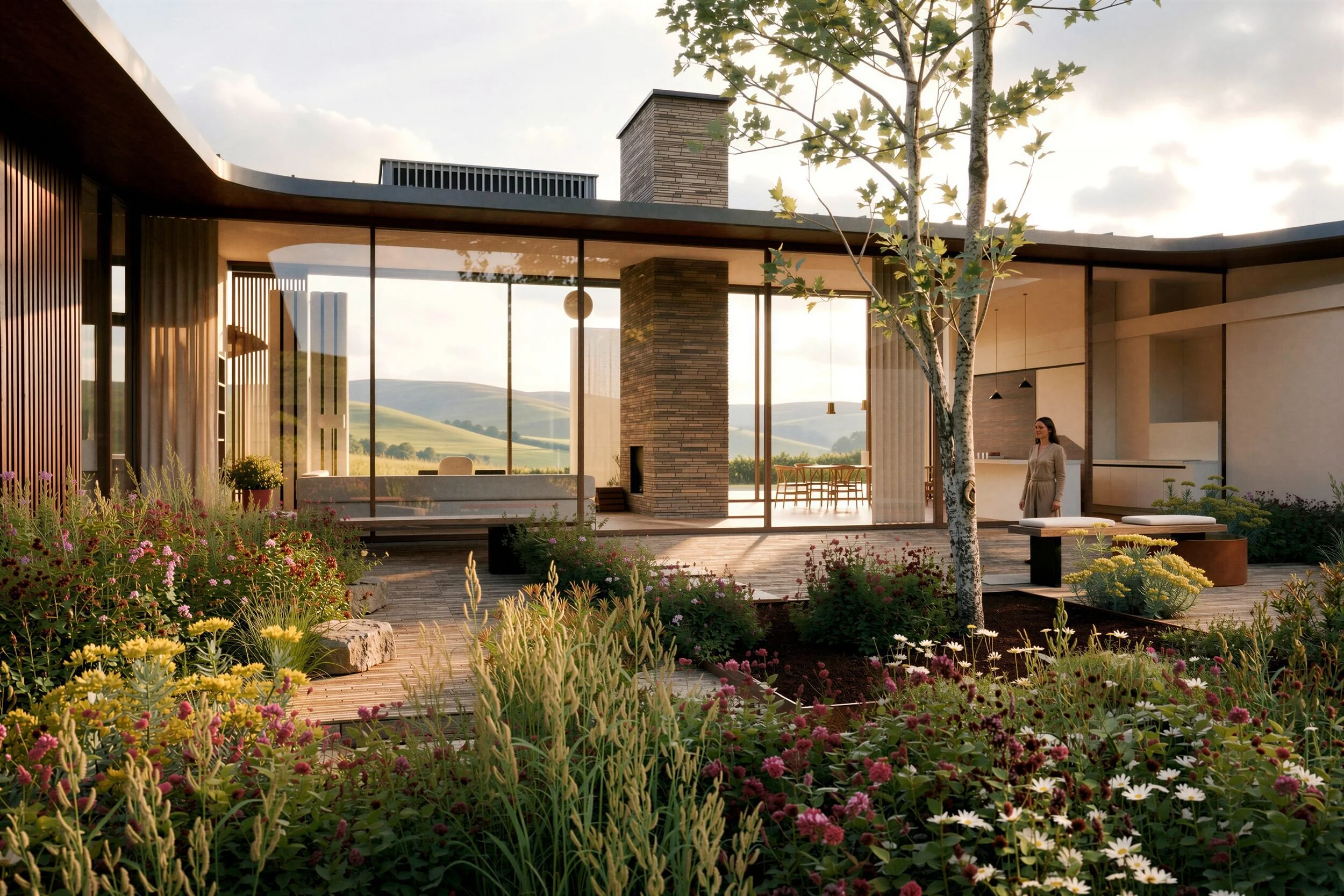 Courtyard garden at Brow House, looking through the living and kitchen wing to the hills