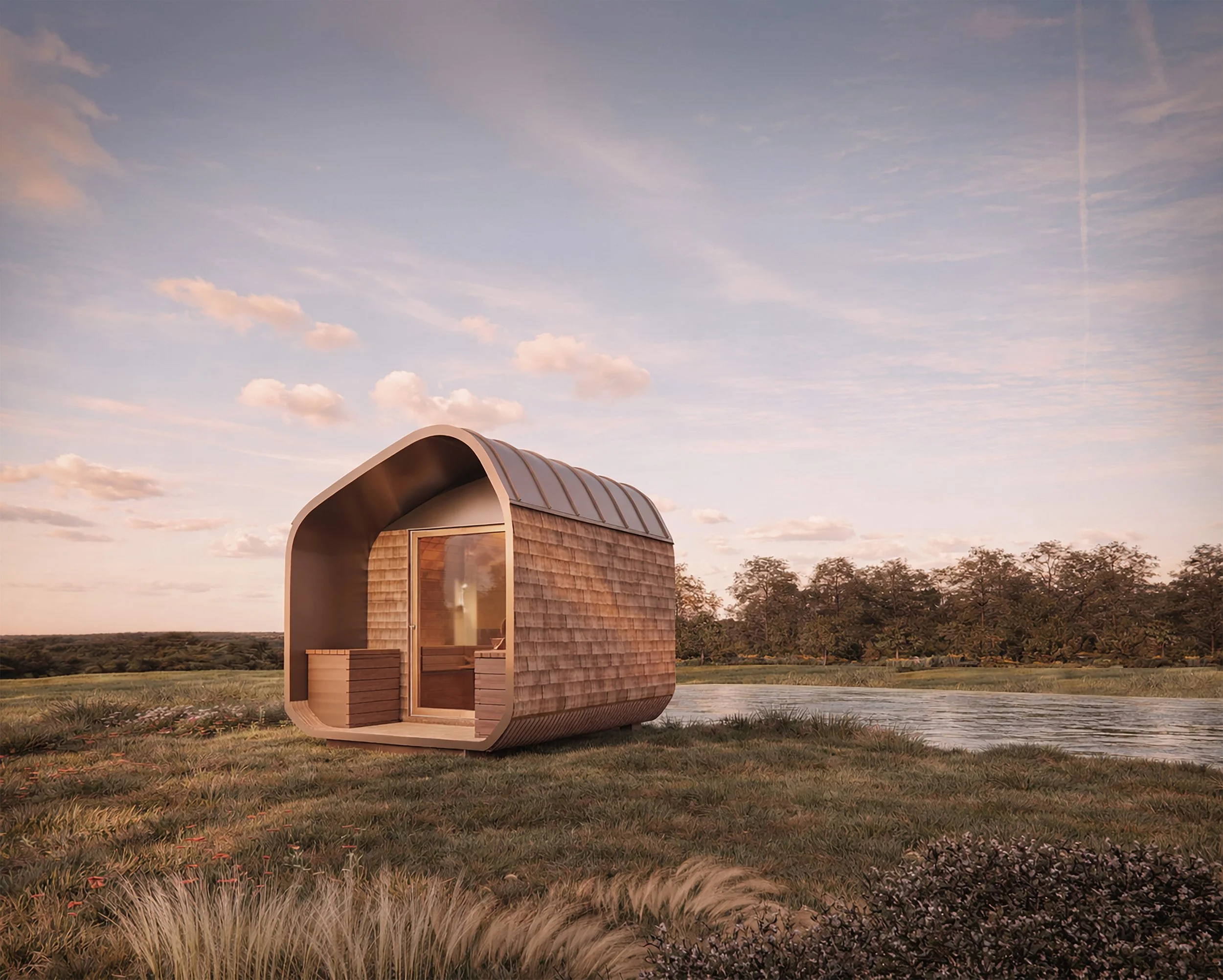 Monocoque Sauna with timber shingle cladding and covered porch beside a lake