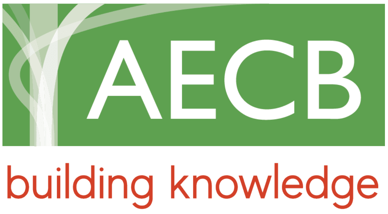 Graphic with green background and white text, showing the acronym AECB, followed by the phrase "building knowledge" in red.