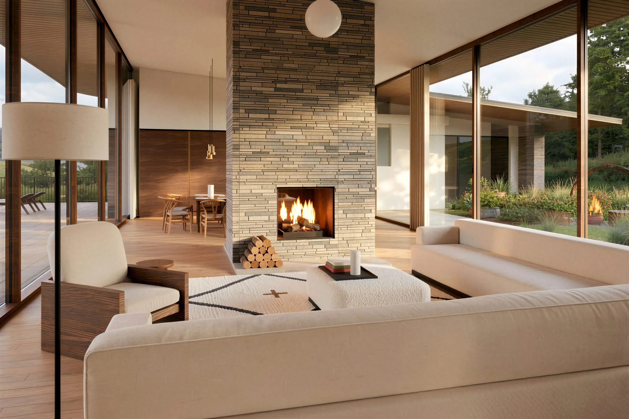 Living room at Brow House, with a stacked stone fireplace, curved furniture and glazing on both sides
