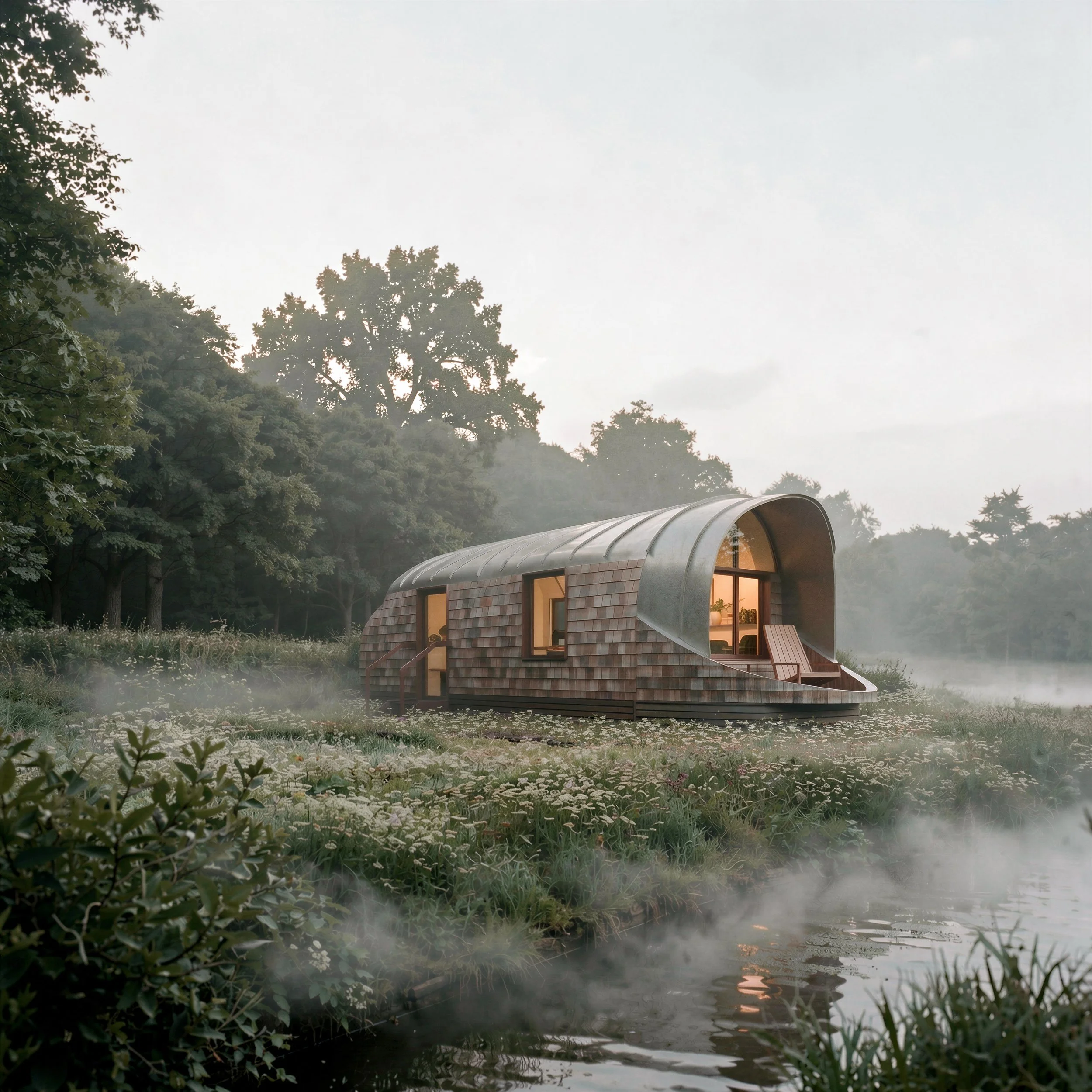 Monocoque Cabin II with shingle cladding and covered deck beside a misty lake