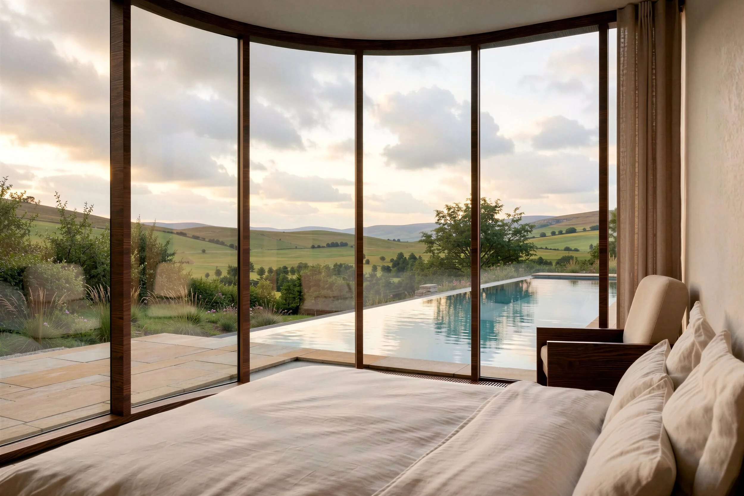 Master bedroom at Brow House, with curved floor-to-ceiling glazing framing the pool and the hills beyond