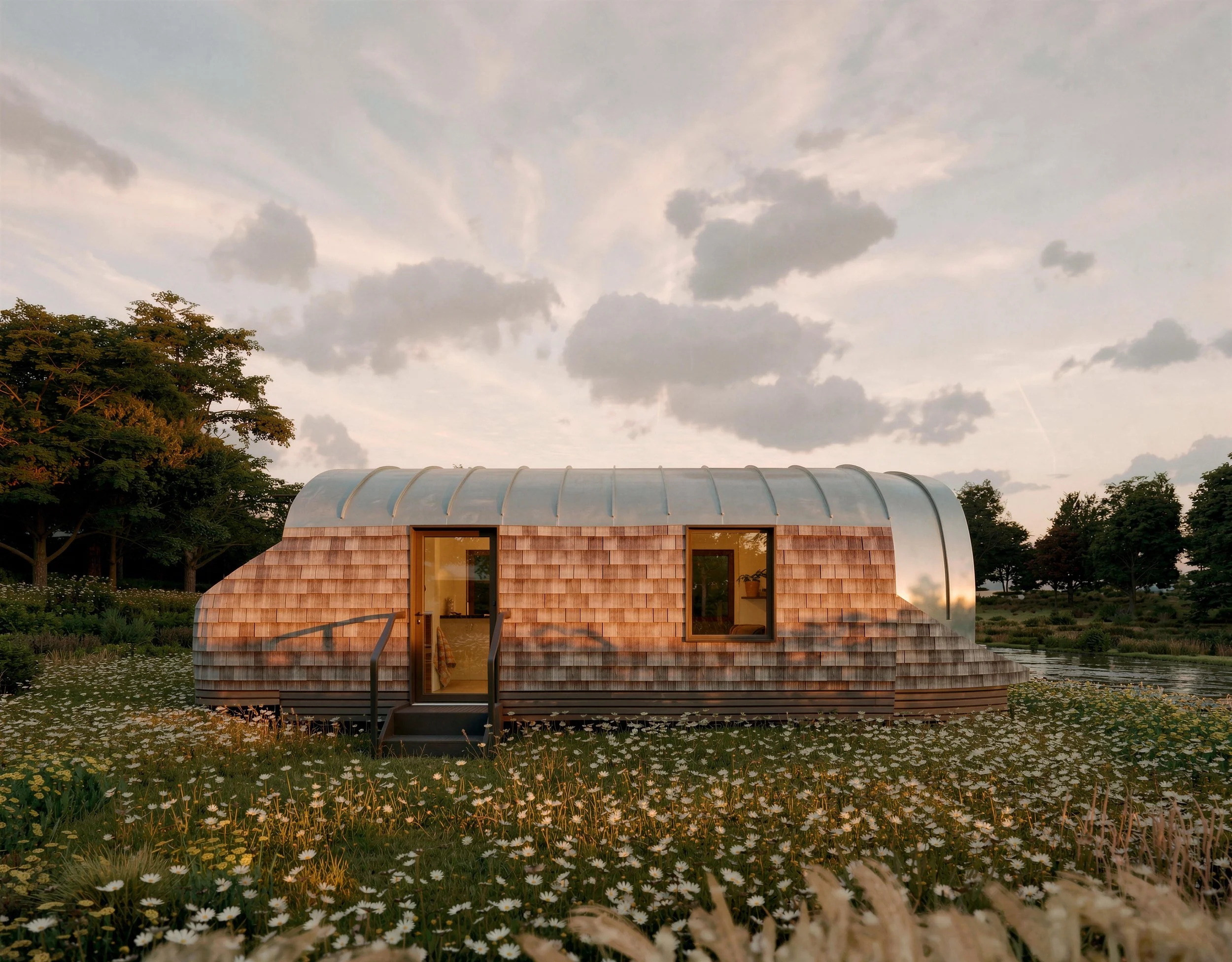 Monocoque Cabin II side elevation at sunset in a wildflower meadow