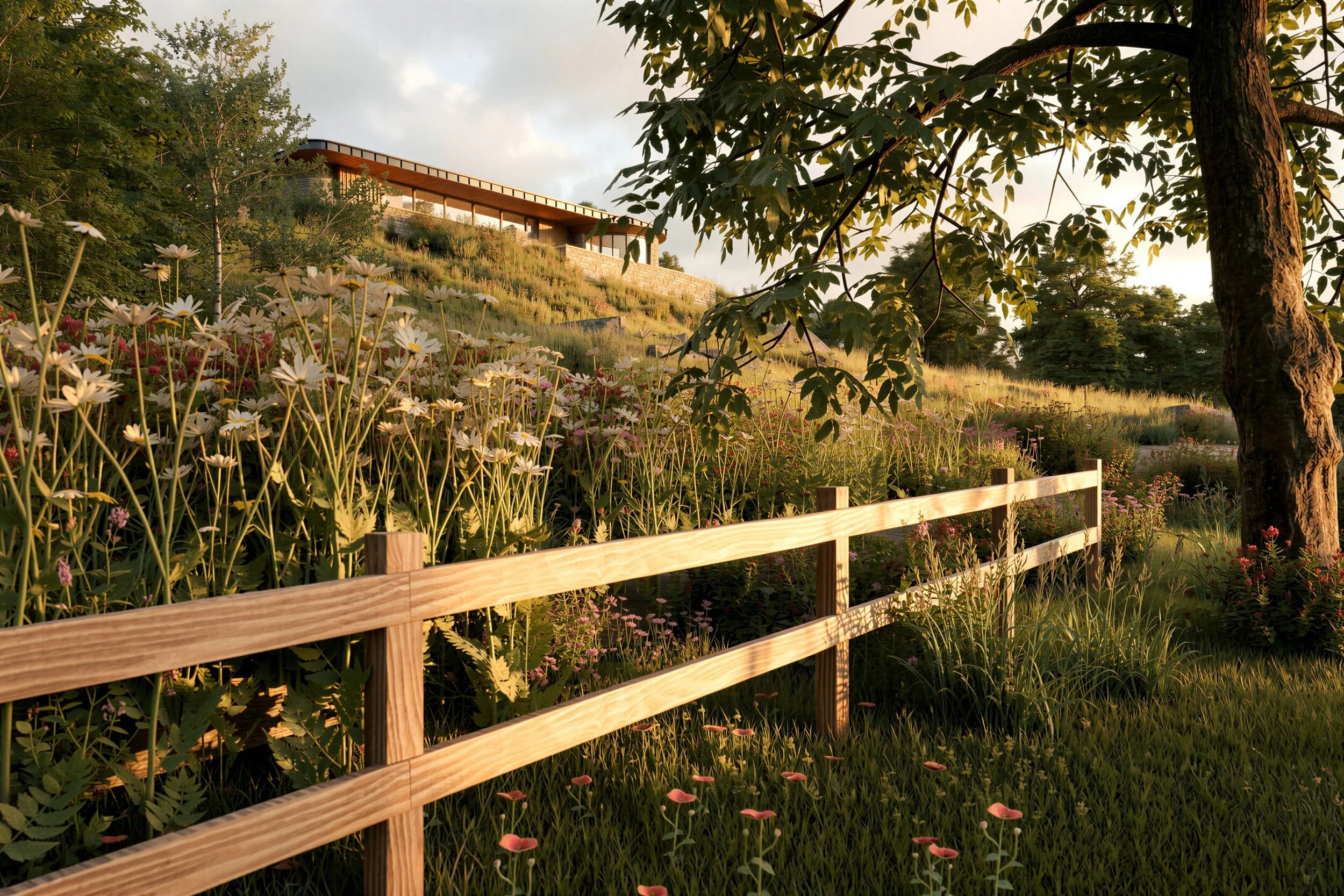 Brow House seen across a wildflower meadow and timber post-and-rail fence, with the low roof on the brow of the hill