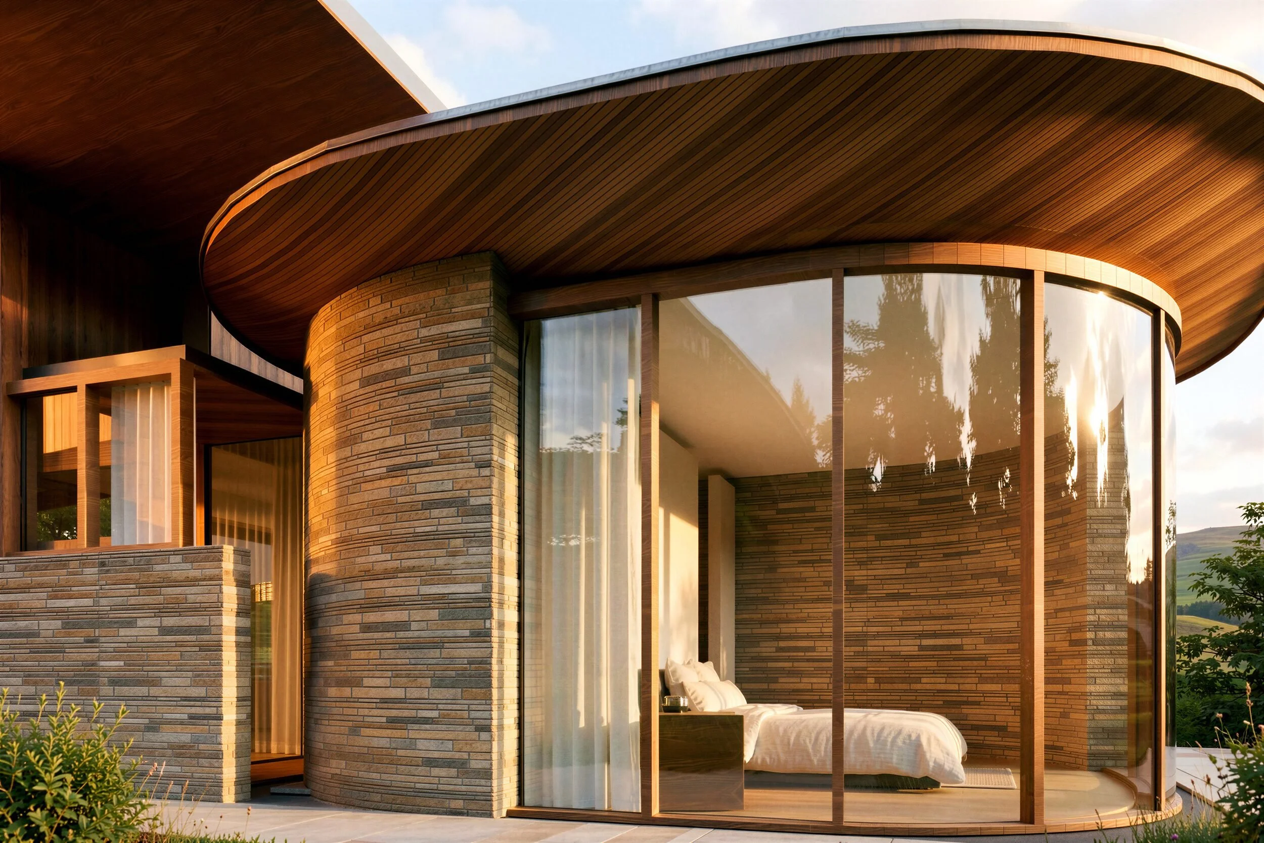 Oval master bedroom pavilion at Brow House, with curved glazing under a timber soffit and stacked stone walls