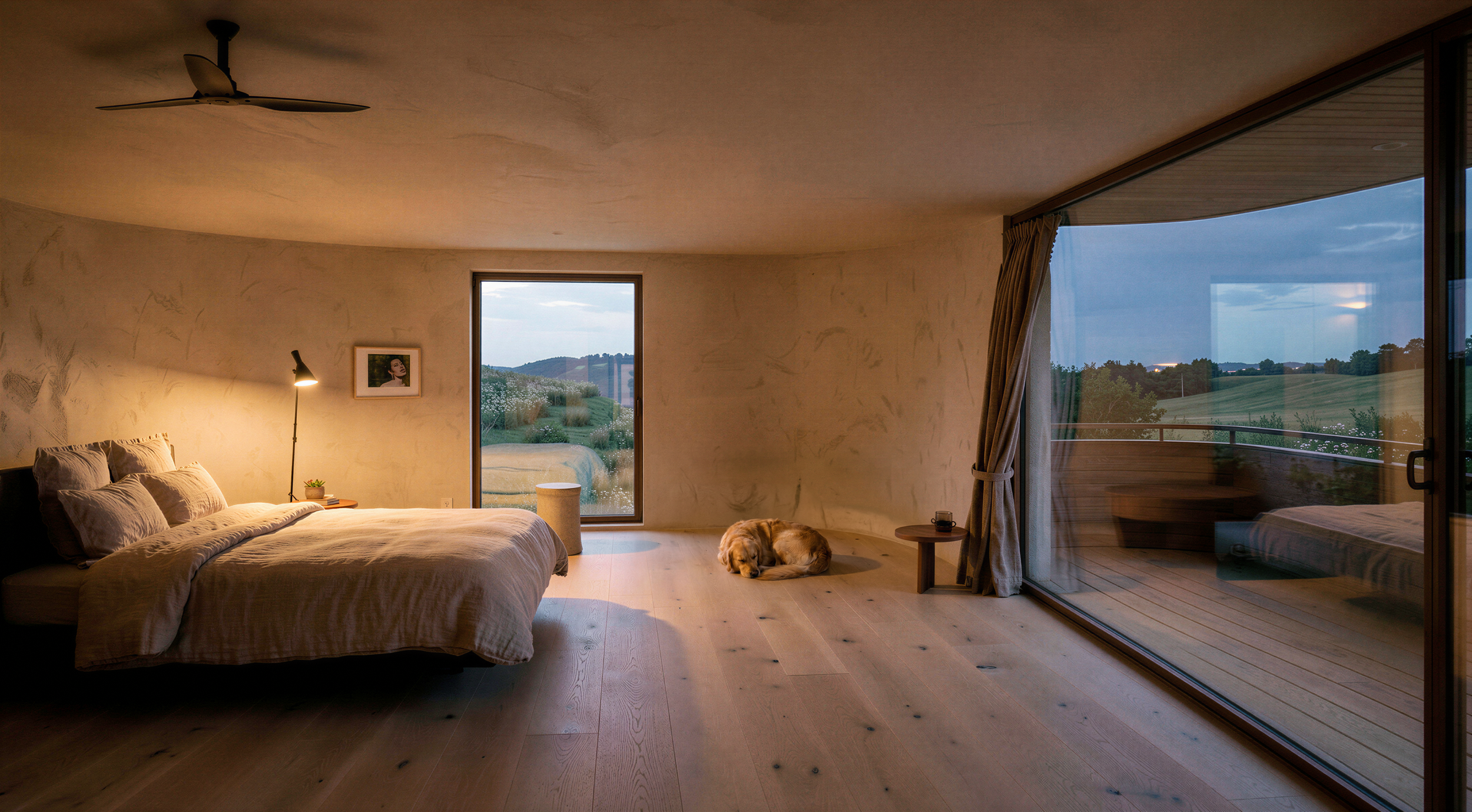 A cozy bedroom with a view of a green landscape and hills outside large windows. The bed has white linens and pillows, a small side table with a plant, and a modern floor lamp. A sleeping dog lies on the wooden floor near a glass sliding door leading to a balcony.
