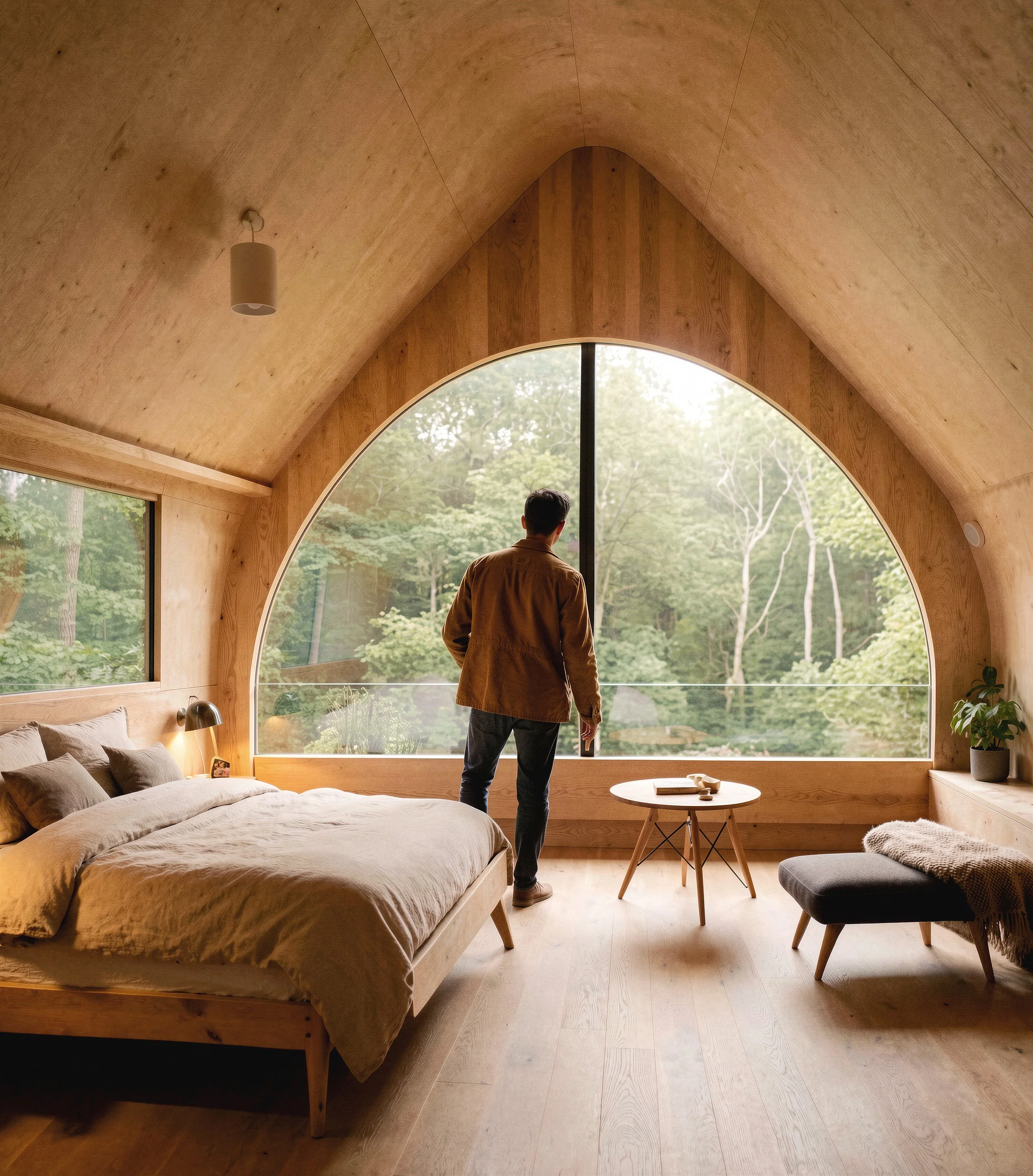 Architect-designed treehouse interior — full-height arched timber window framing woodland views, natural oak flooring and plywood ceiling, Markos Design Workshop