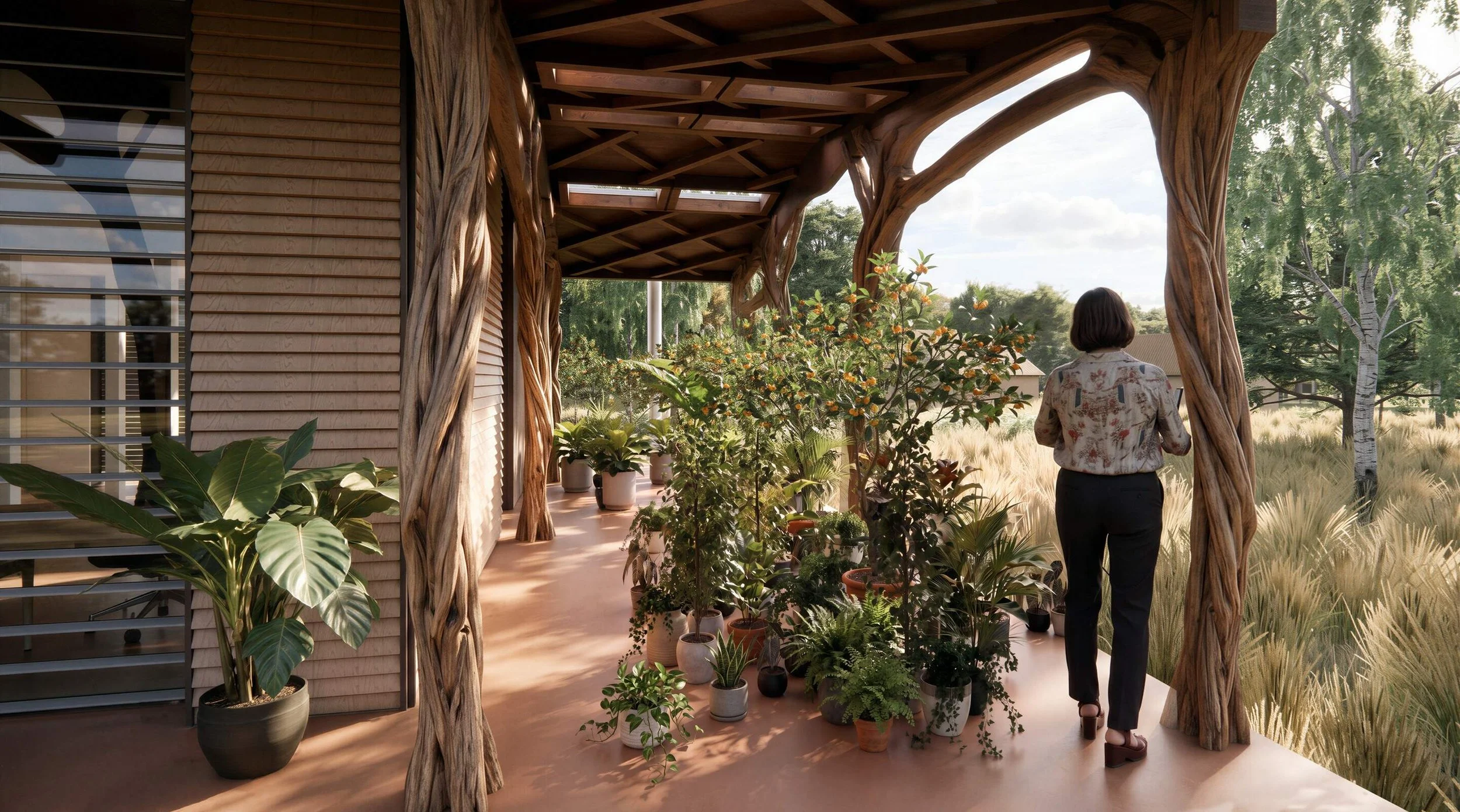 Interior perspective of the HO11 home, showing the timber structure used to suport the roof