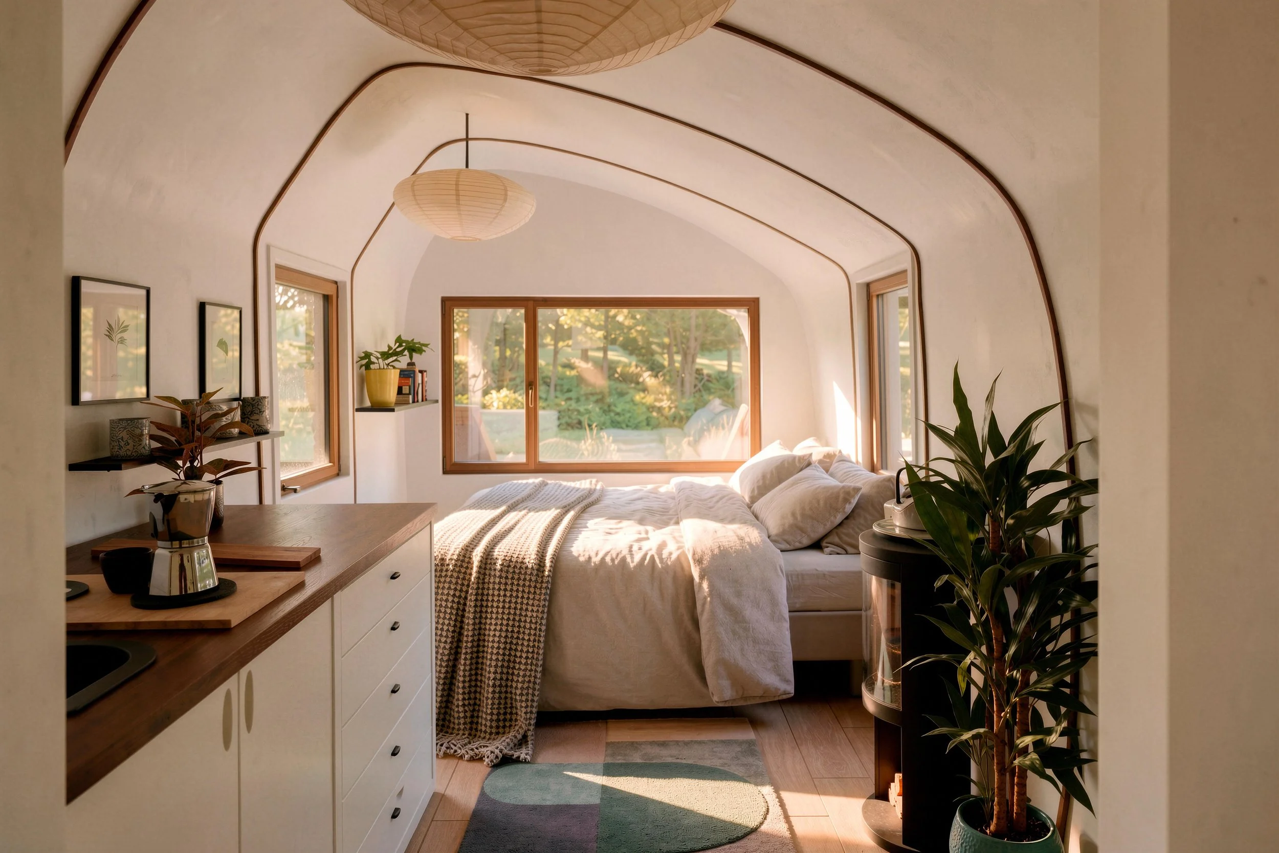 Monocoque Cabin II interior with kitchenette, double bed and curved timber ribs