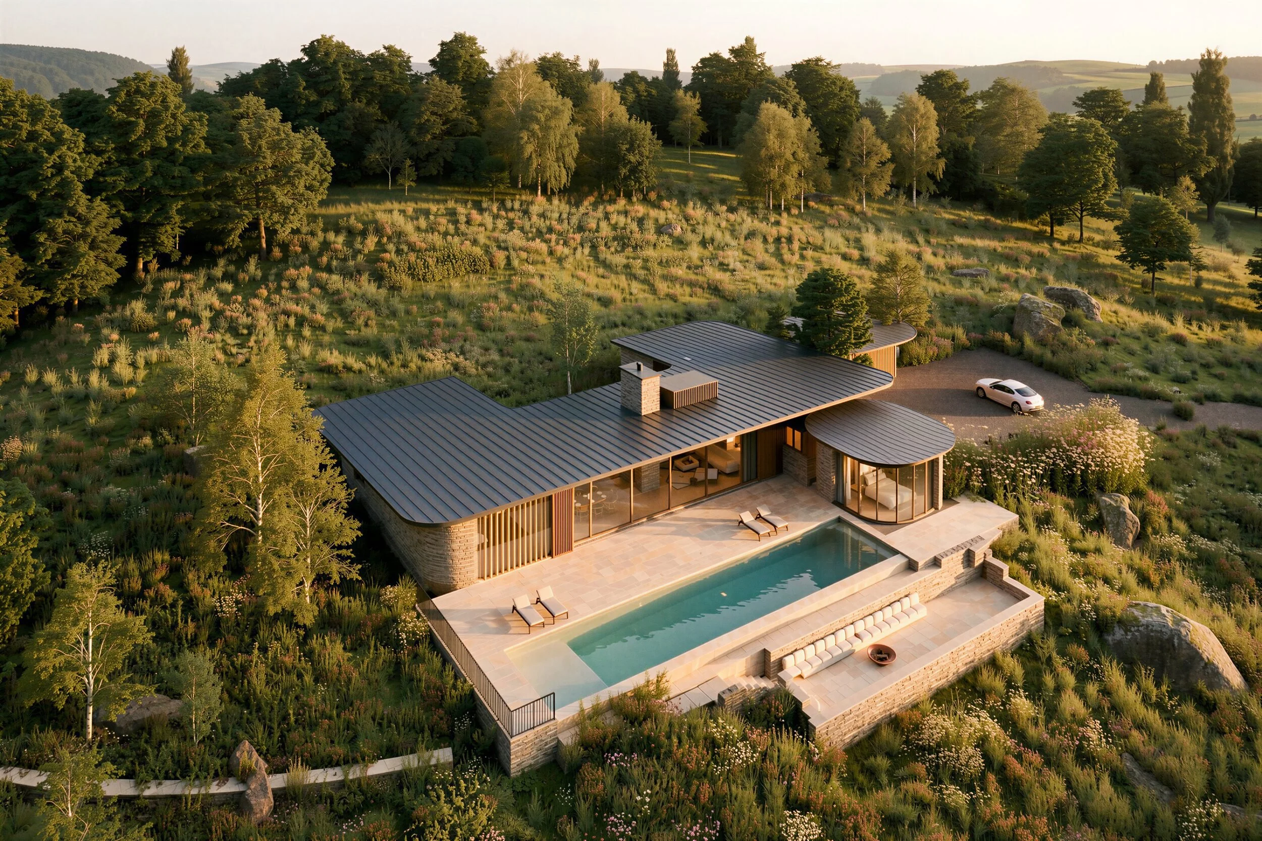 Aerial view of Brow House: living wing, courtyard, oval bedroom pavilion and pool terrace set into a wooded hillside