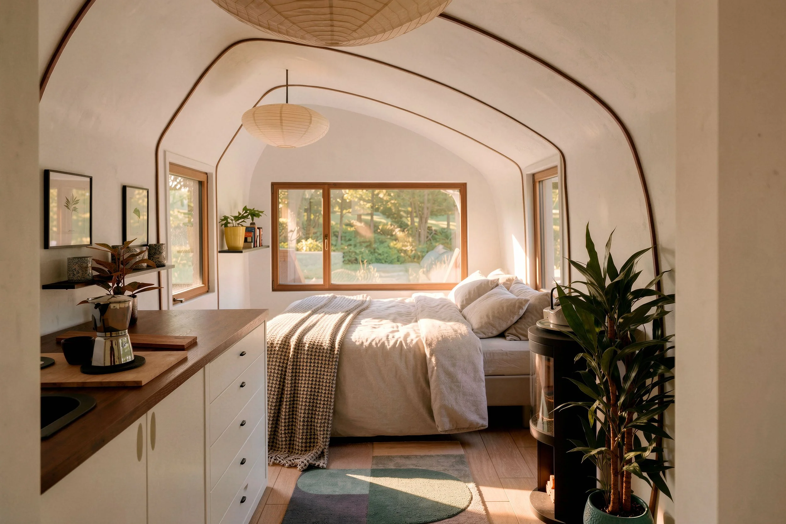 Monocoque II holiday cabin interior, Ross-on-Wye — curved timber shell with integrated walnut cabinetry and full-width glazing overlooking a wildflower meadow