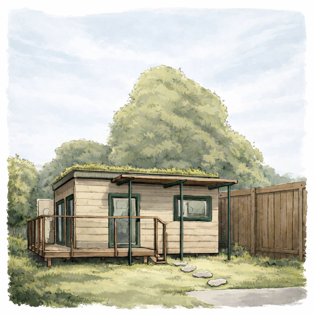 Watercolour illustration of a timber-framed outbuilding with green sedum roof, decked entrance and large glazed openings, currently in design at Markos Design Workshop, using cork board as external facade insulation.