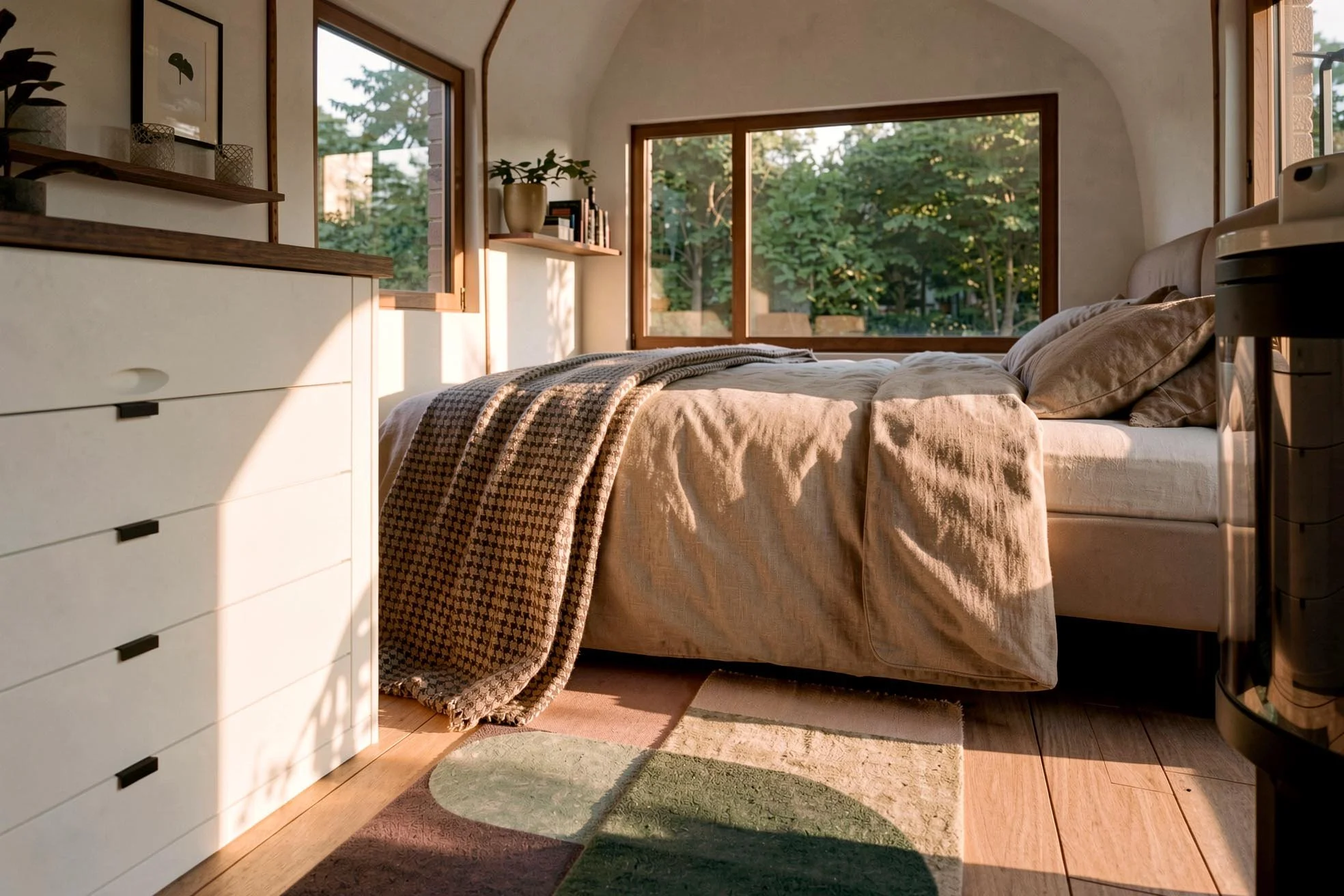 Monocoque Cabin II double bed with linen bedding and a large window onto trees