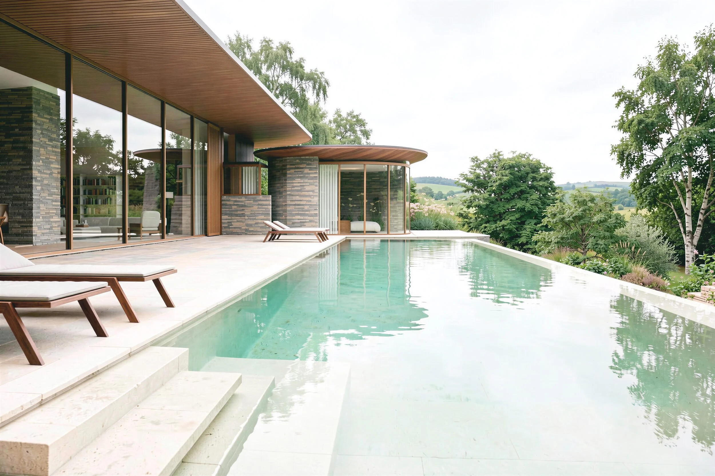 Brow House, an architect-designed HO11 country house in Nottinghamshire: pool terrace in Indian sandstone with the oval bedroom pavilion beyond