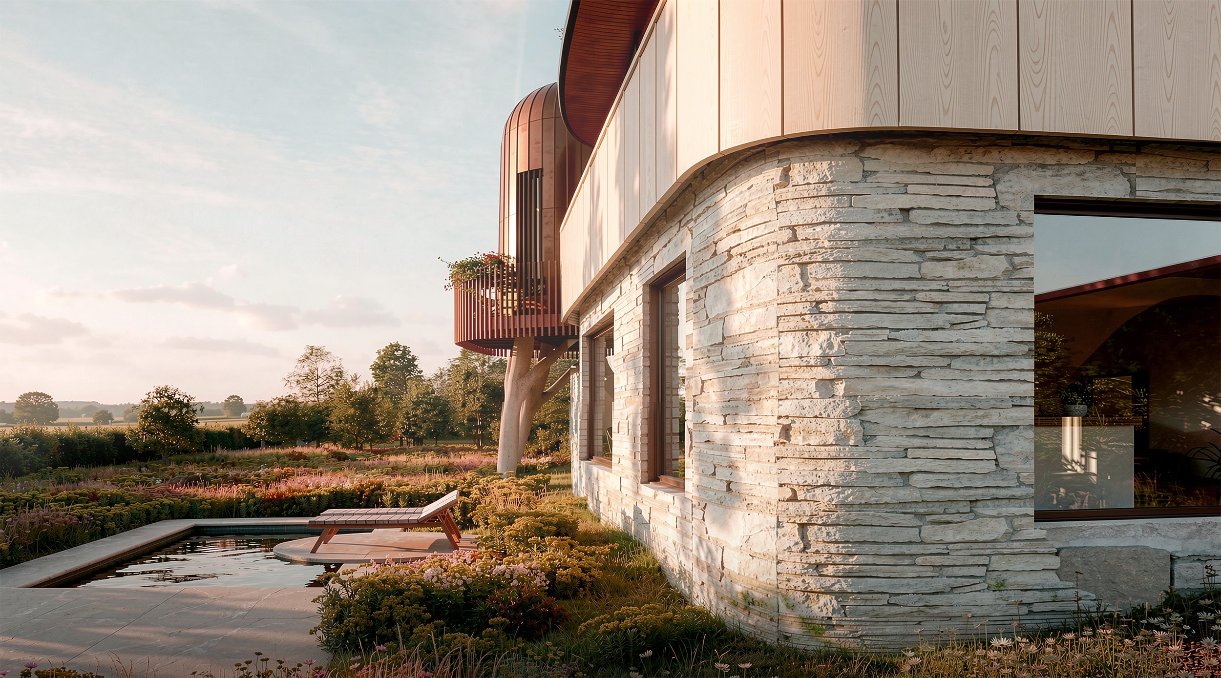 Curved natural stone wall of a contemporary unique homestay in the Malvern Hills, Worcestershire, with a copper-clad upper volume, timber balcony and a swimming pool set among wildflower planting at golden hour.