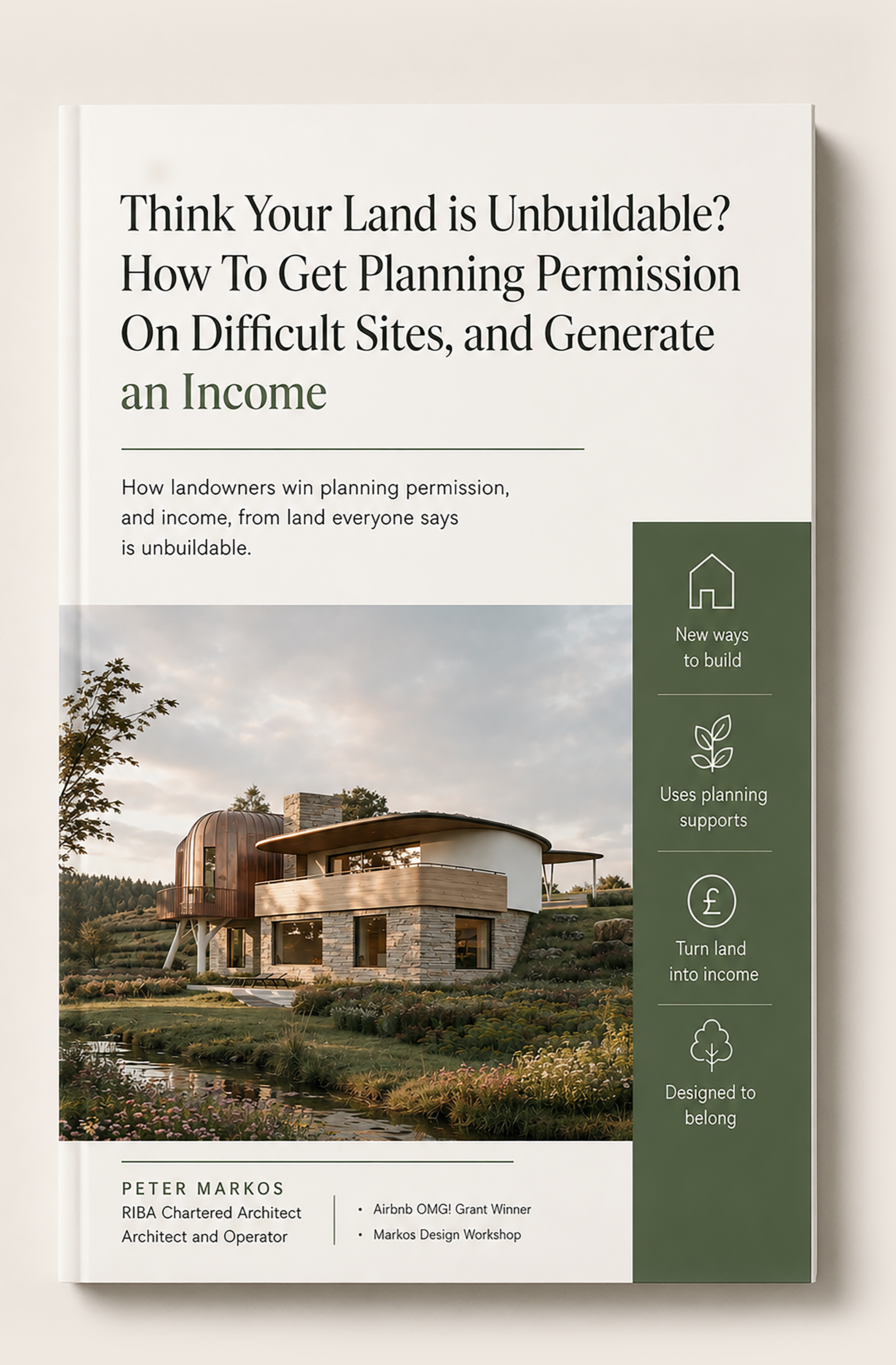 A brochure featuring a modern house with a curved metal roof and stone walls, set in a landscaped area with flowers and trees, promoting land development and planning services.