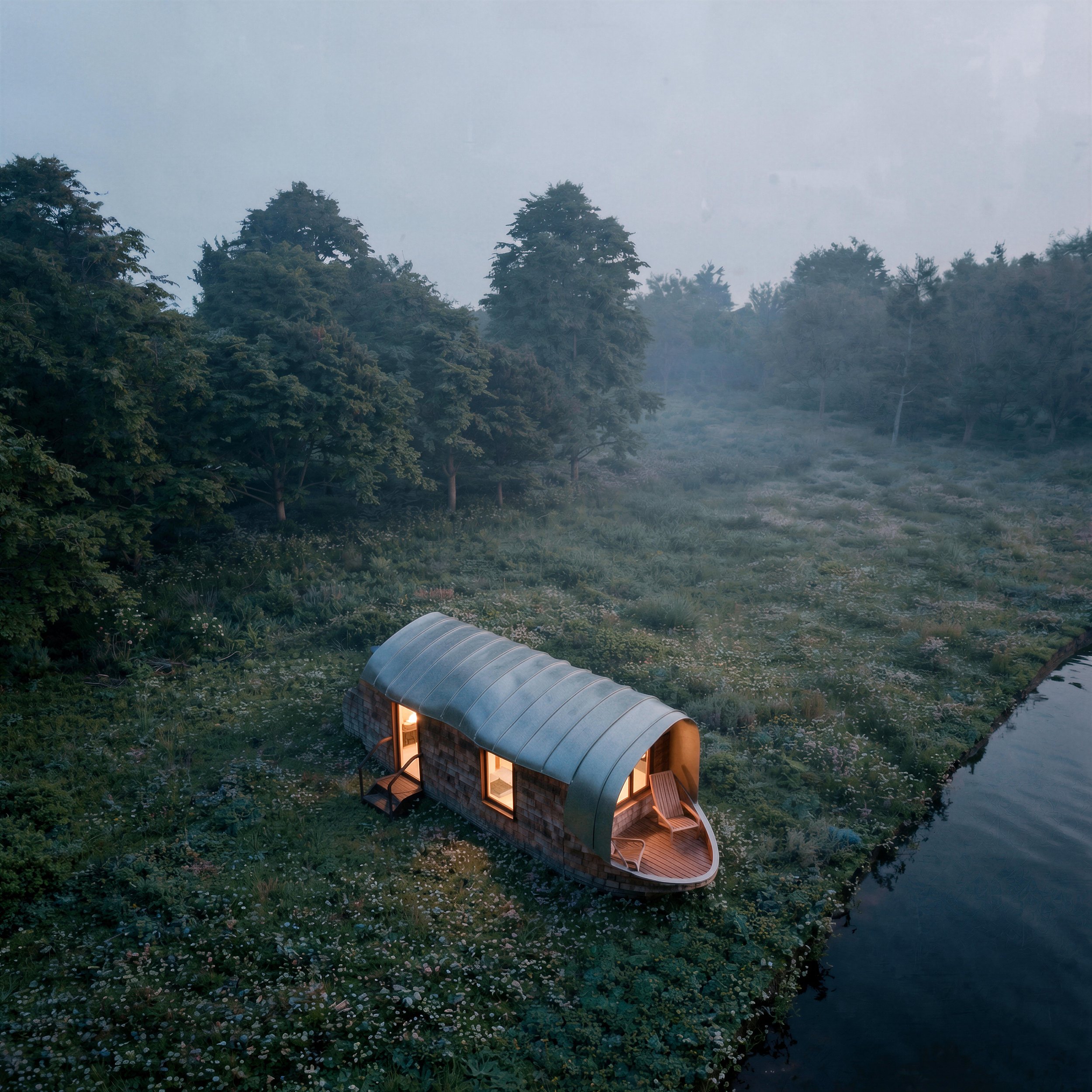 Aerial view of Monocoque Cabin II beside a river at dusk