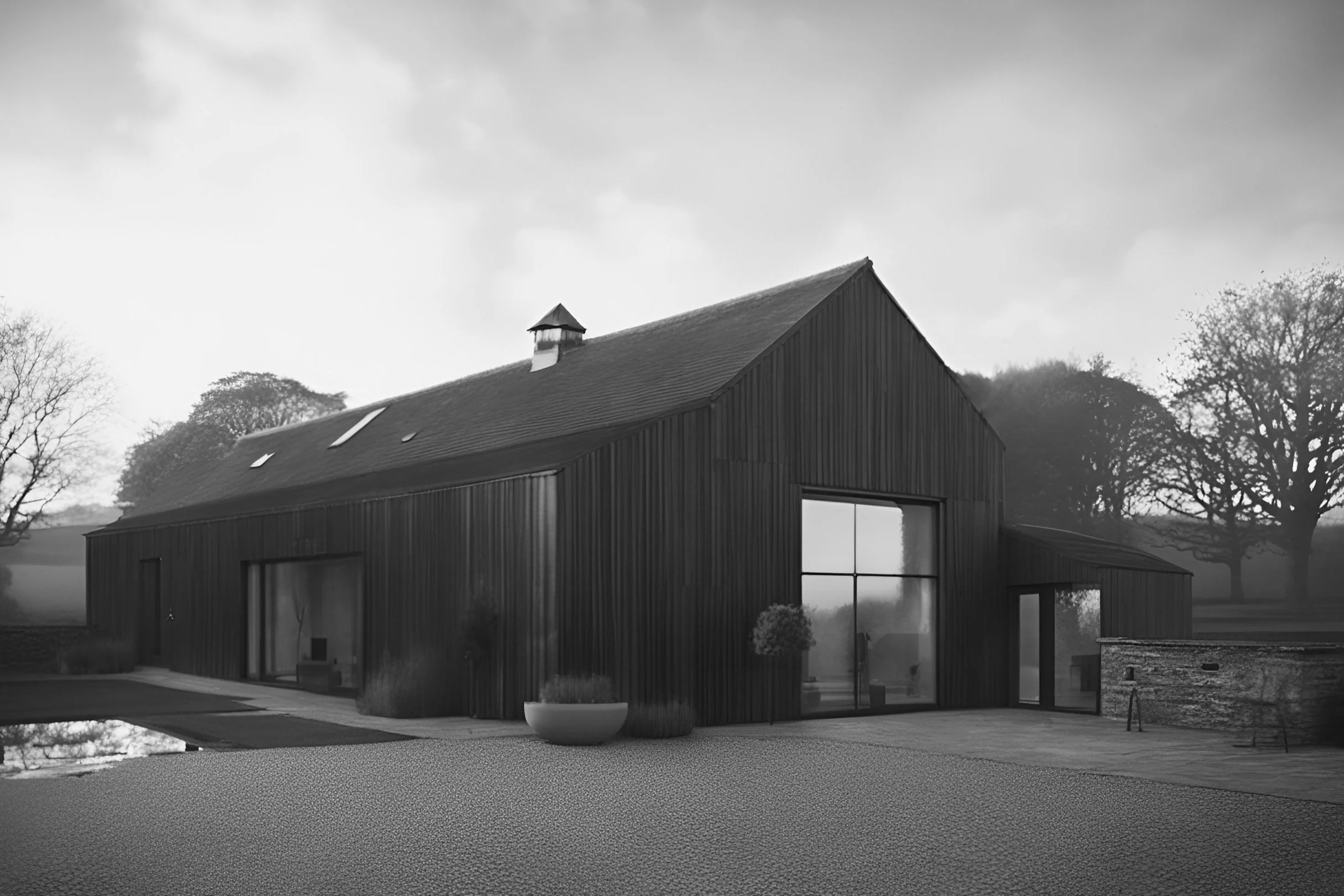 Black timber architect-designed eco cabin with modern form and large glazing in rural UK setting