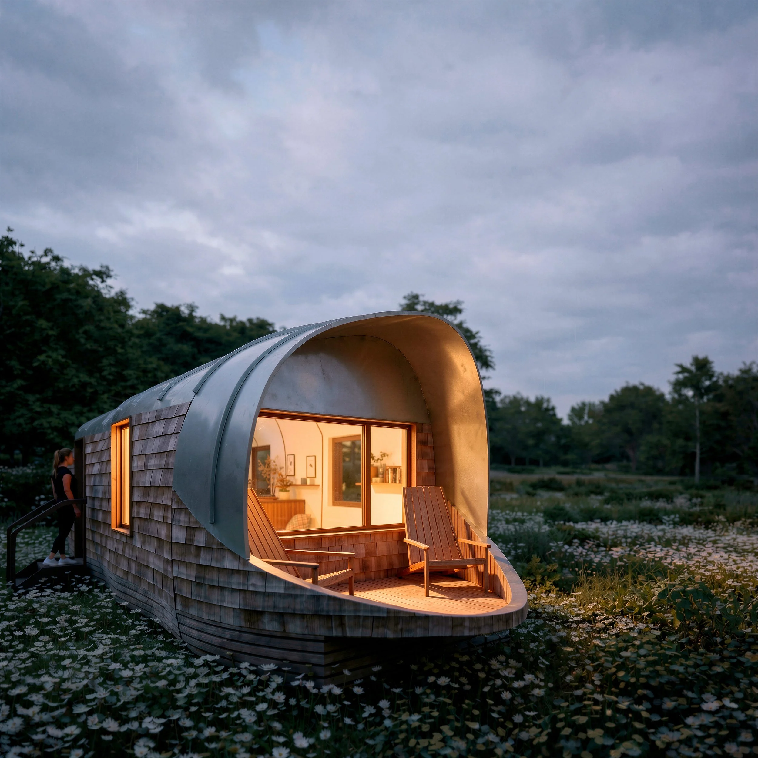 Cabin sat within a woodland with polycarbonate exterior and a curved organic structure 