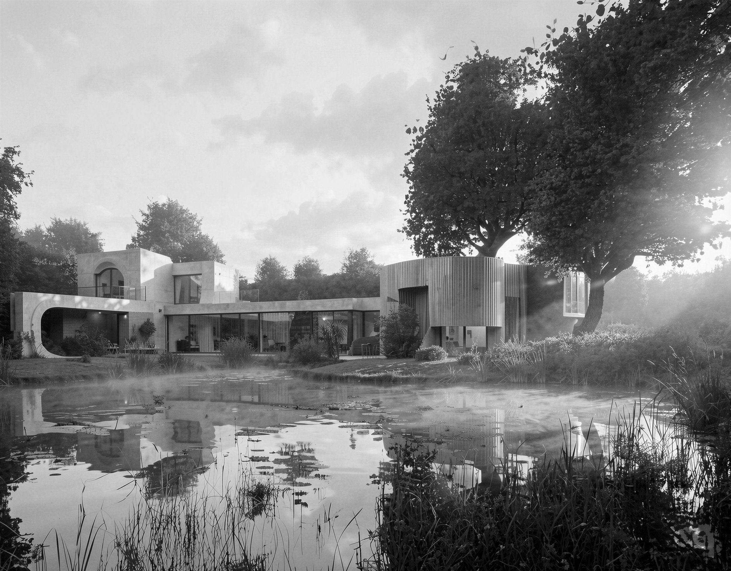 Architect-designed Paragraph 84 country house in the Cotswolds National Landscape, lime-rendered curved volumes and timber-clad wing beside a natural pond and mature oak