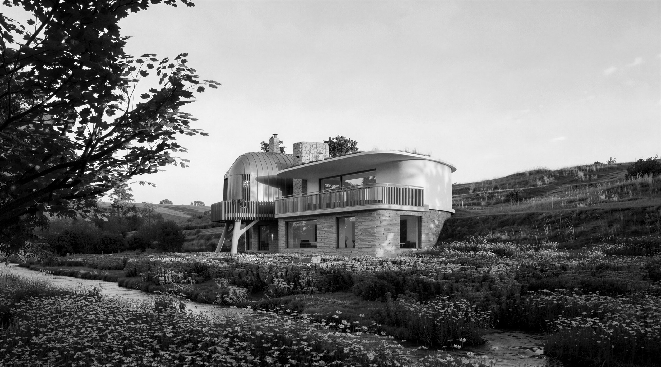 We design hillside residences and rural retreats for landowners who want a building that performs as architecture first, and as a high-yield exclusive-use rental second.