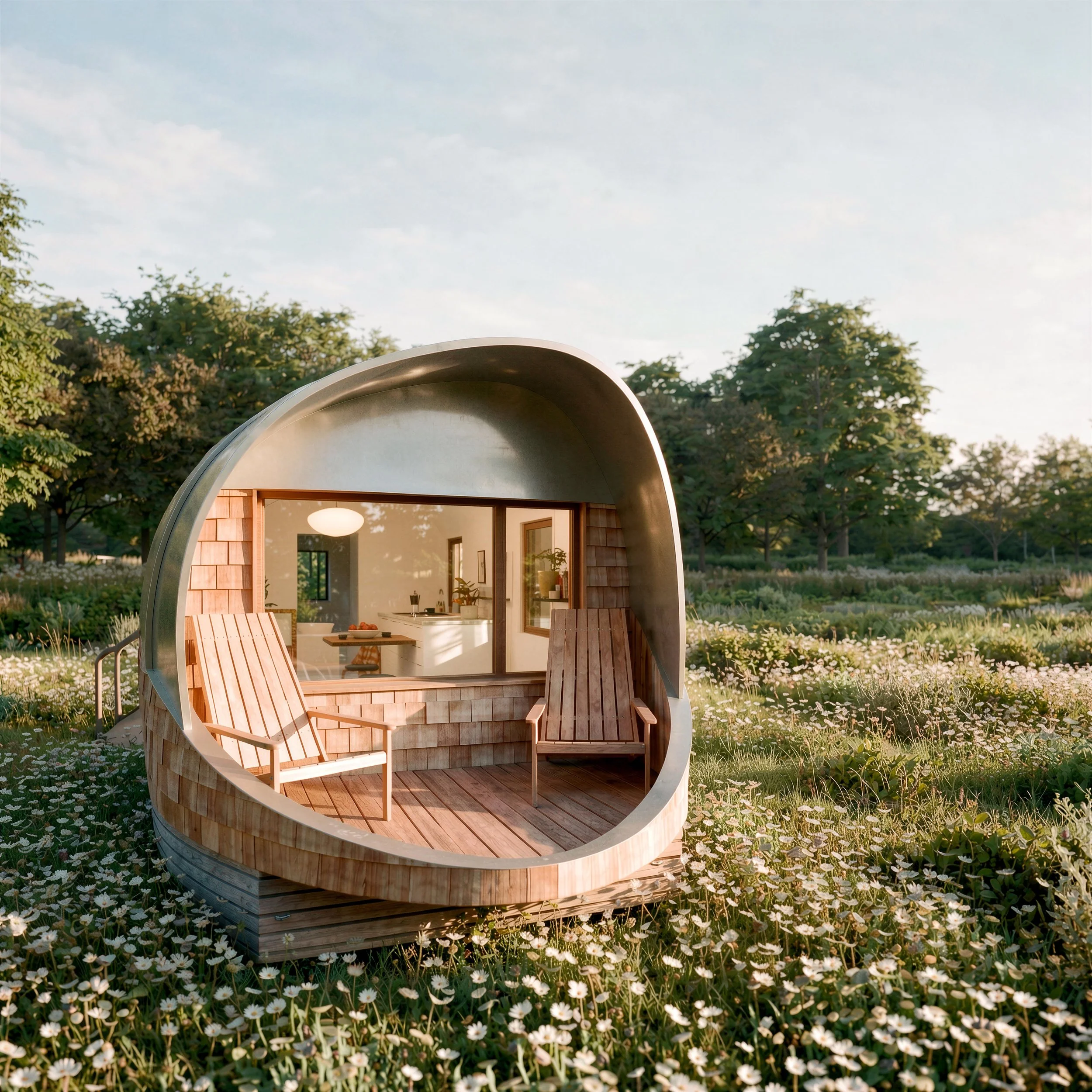 Monocoque Cabin II front deck with two timber chairs in a wildflower meadow