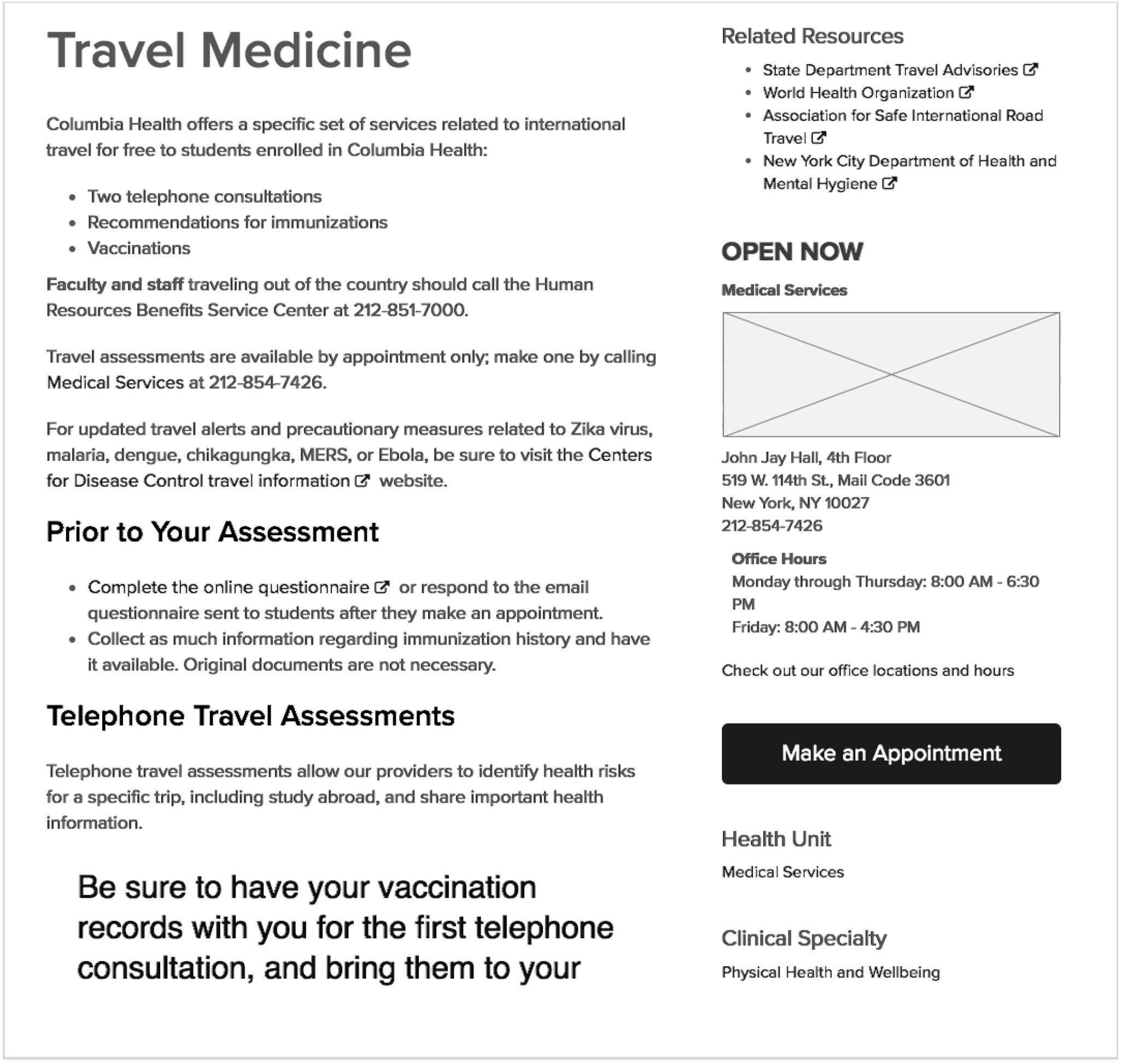 A wireframe of a content layout with related content, location. office hours and make an appointment button on the sidebar.