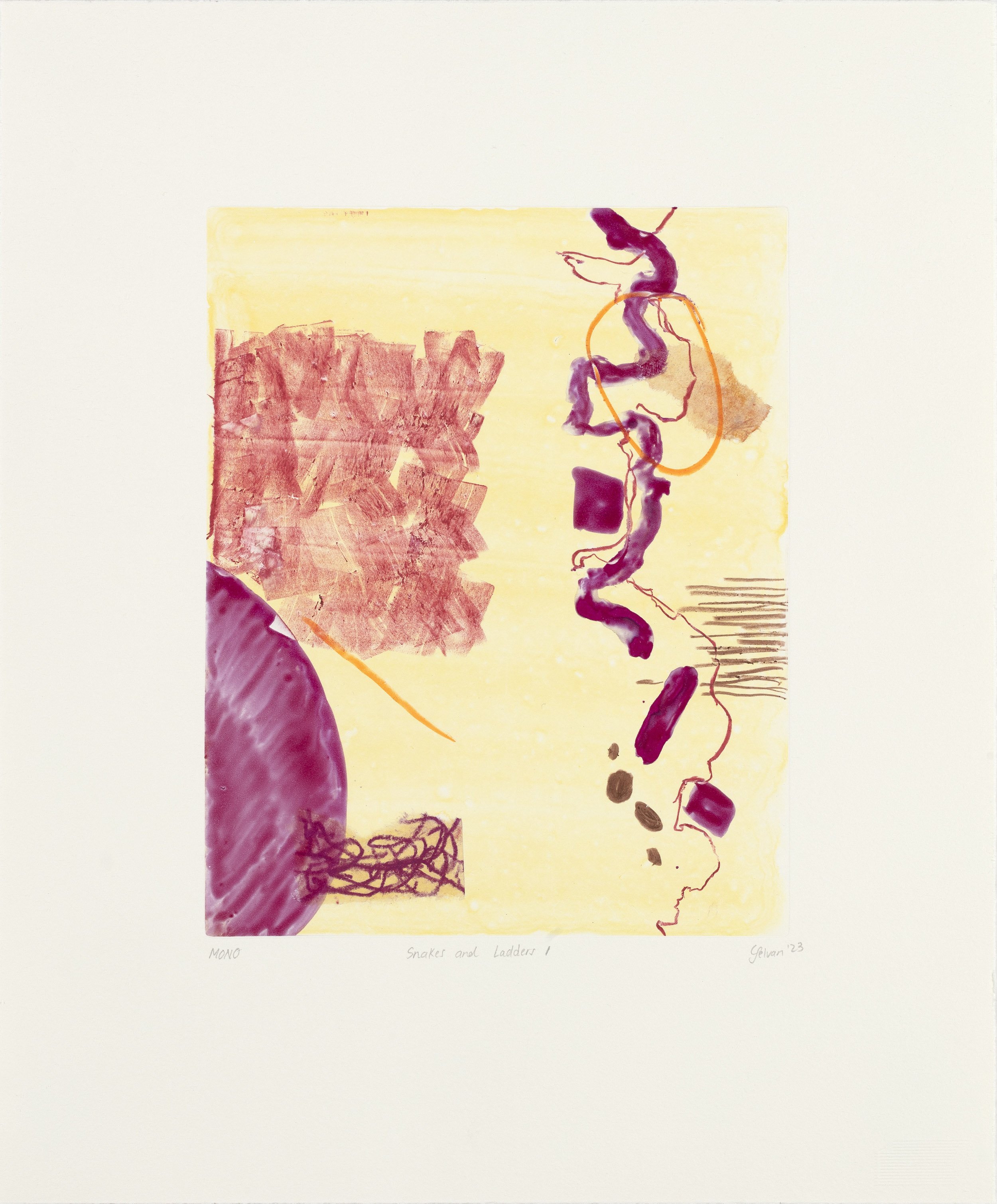 Chelsea Selvan, 2023 | Snakes and Ladders I | Watercolour monotype with chine-collé | 41x34cm | Edition of 1 | R2,700