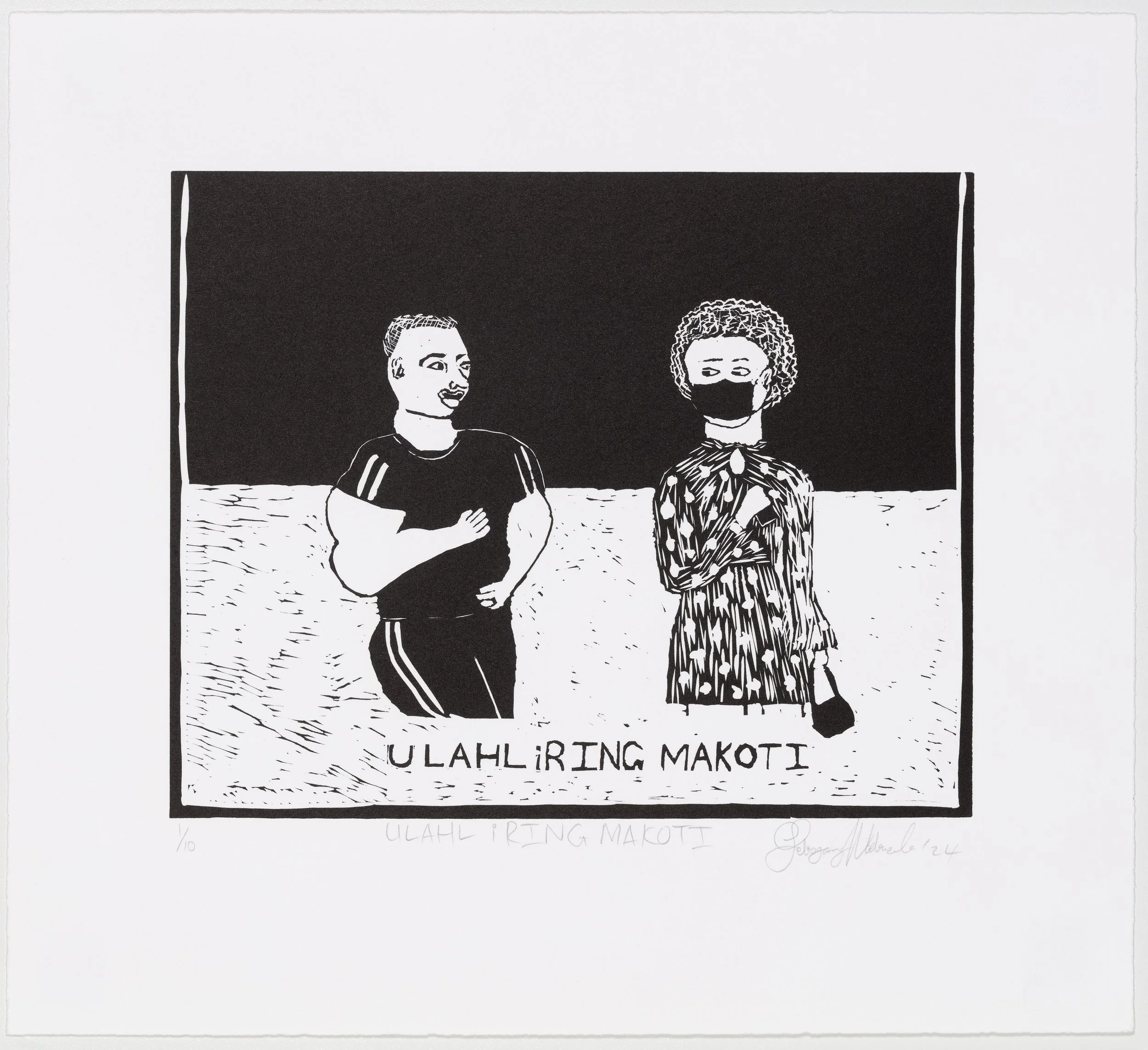 Lebogang Mabusela, 2024 | Ulahl iRing Makoti | linocut | 38x42cm | Edition of 10 | R3,000