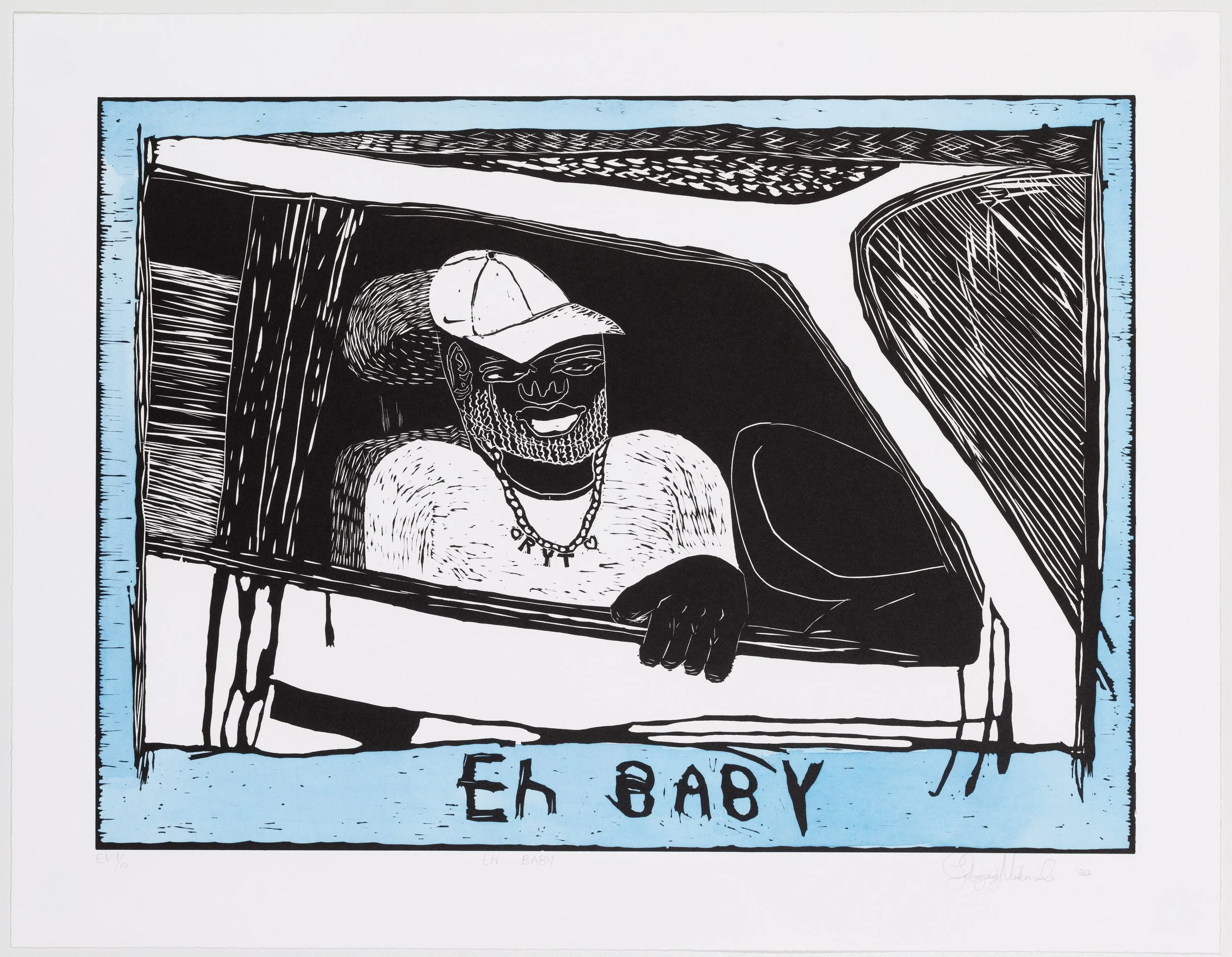 Lebogang Mabusela, 2024 | Eh Baby | linocut with hand colouring | 56x72cm | Edition of 10 | R6,000
