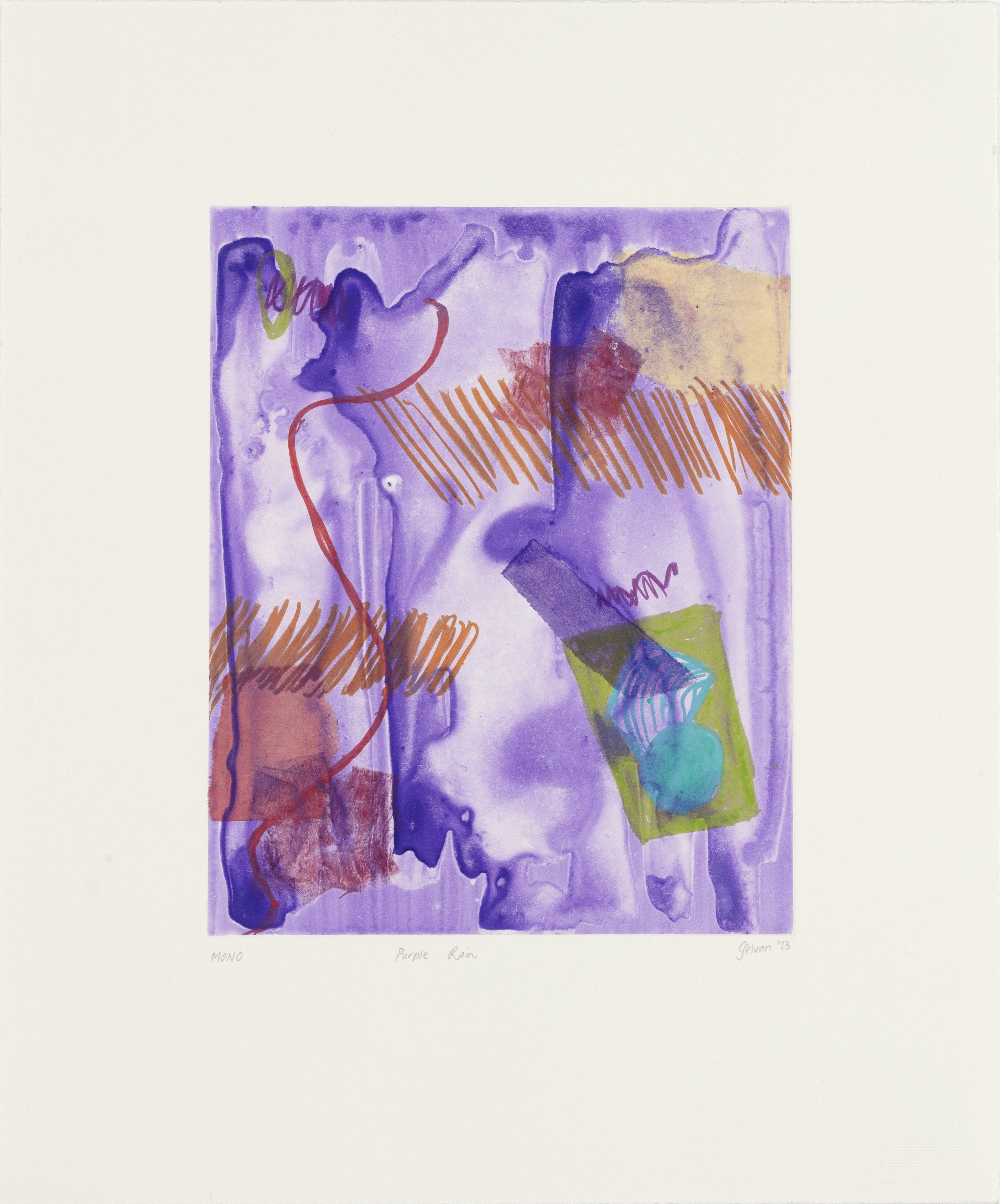 Chelsea Selvan, 2023 | Purple Rain | Watercolour monotype with chine-collé | 41x34cm | Edition of 1 | R2,700