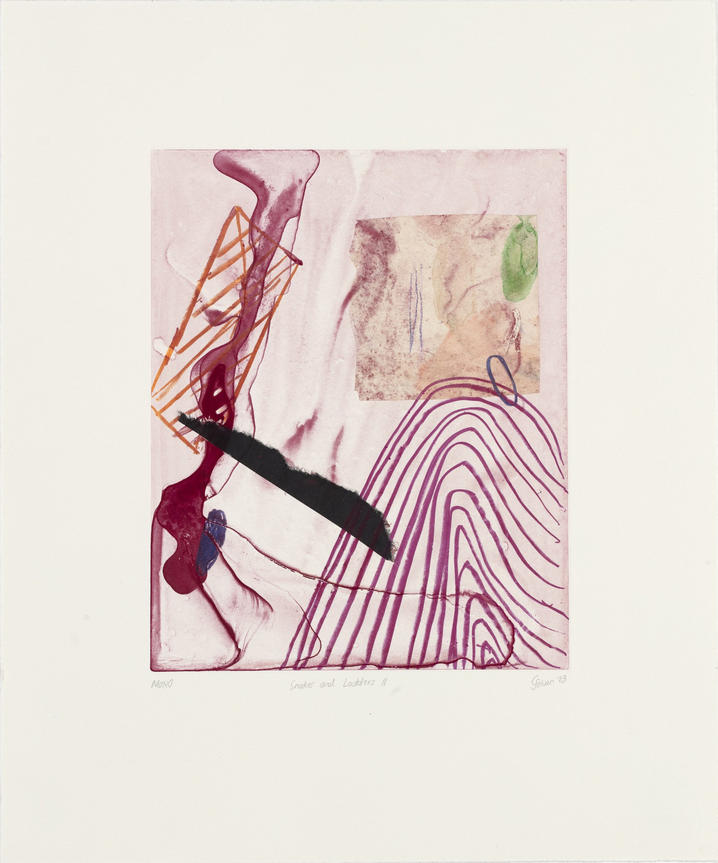 Chelsea Selvan, 2023 | Snakes and Ladders II | Watercolour monotype with chine-collé | 41x34cm | Edition of 1 | R2,700