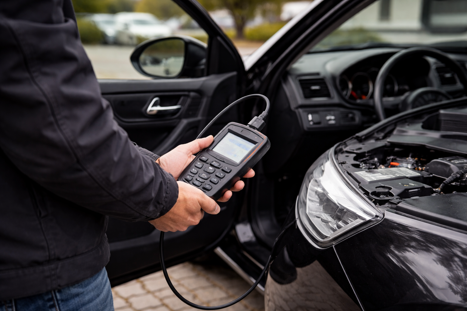 Fahrzeugdiagnose und Fahrzeugcheck vor Ort mit OBD-Gerät an einem Auto