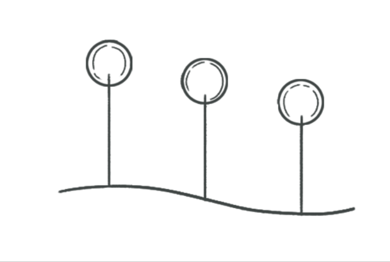 Line drawing of three circles on vertical lines, positioned on a curved horizontal line, representing trees or plants in a minimalistic landscape.