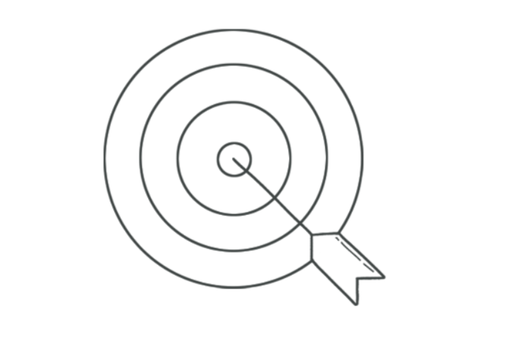 Line drawing of a target with concentric circles and an arrow hitting the bullseye.