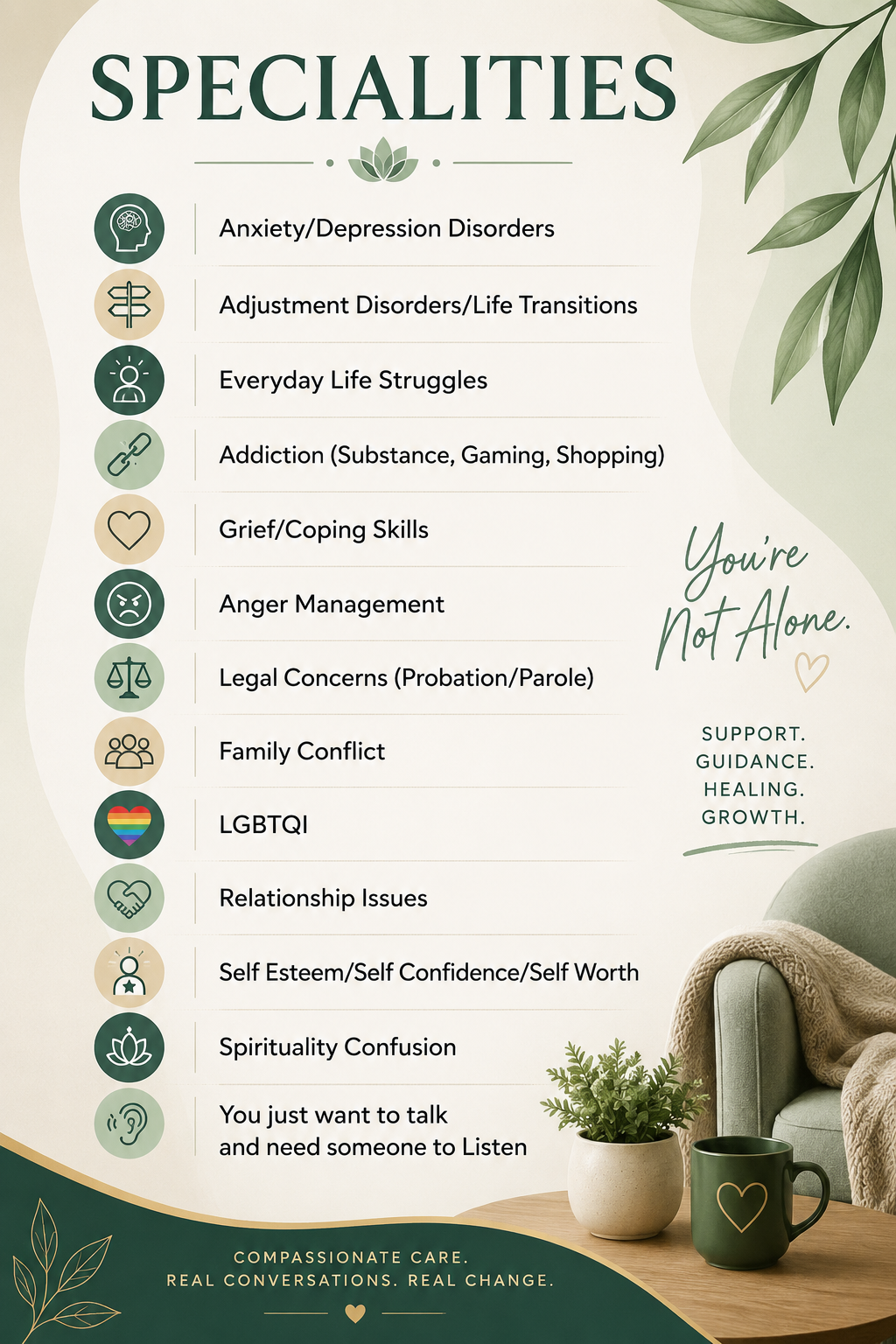 A list of mental health and well-being service specialties including anxiety, depression, adjustment disorders, everyday struggles, addiction, grief, anger, legal concerns, family conflict, LGBTQI issues, relationship issues, self-esteem, spirituality, and listening support, presented on an aesthetic background with green leaves and a cozy setting.