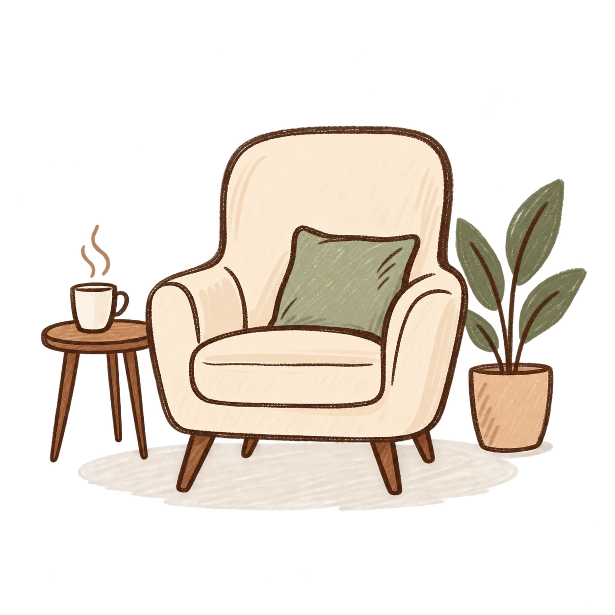 A cozy interior scene featuring a beige armchair with a green pillow, a small wooden side table with a steaming cup of coffee, and a potted plant with large green leaves, all situated on a round rug.