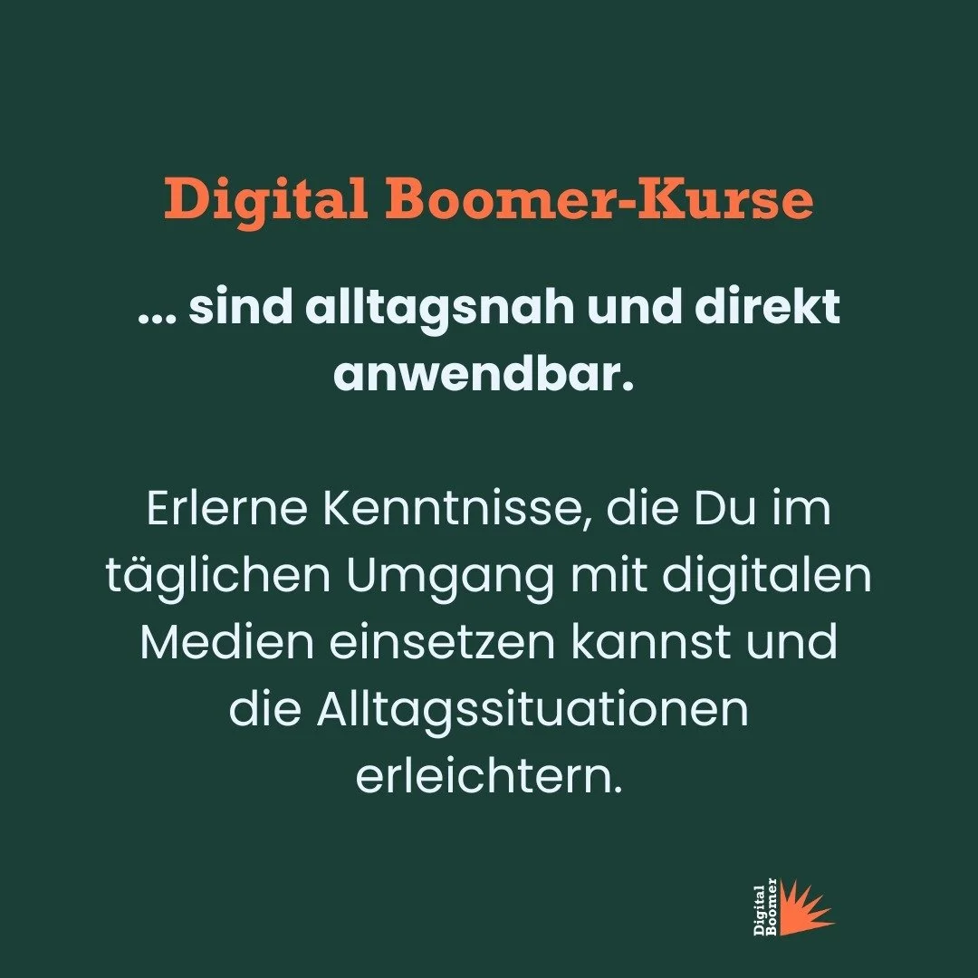 💥 Digital Boomer-Kurse unterst&uuml;tzen Dich in Deinem digitalen Alltag. 

⚙️ In einem einem Mix aus Theorie und Praxis zeigen sie Dir alltagsnah welche Programme, Apps und Webseiten f&uuml;r Dich sinnvoll sein k&ouml;nnen. 

🚀 Mehr dazu findest D