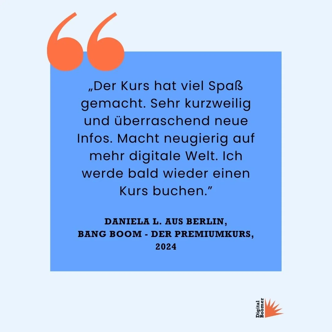 🤩 Zufriedene Teilnehmende machen mich nat&uuml;rlich besonders happy. 

🚀 In jedem Digital Boomer-Kurs ist es mein Ziel, in einer modernen Arbeitsumgebung Neues in pers&ouml;nlicher Atmosph&auml;re zu vermitteln.

🧡 Danke an alle Teilnehmenden, da