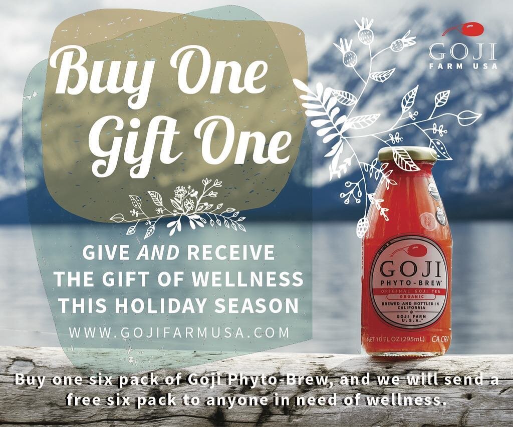 From now until the New Year, buy one six pack of Goji Phyto-Brew and we will send a second six pack to anyone in need of wellness this holiday season. Free shipping on all orders, simply add a six pack to your cart and you'll be asked where you'd lik