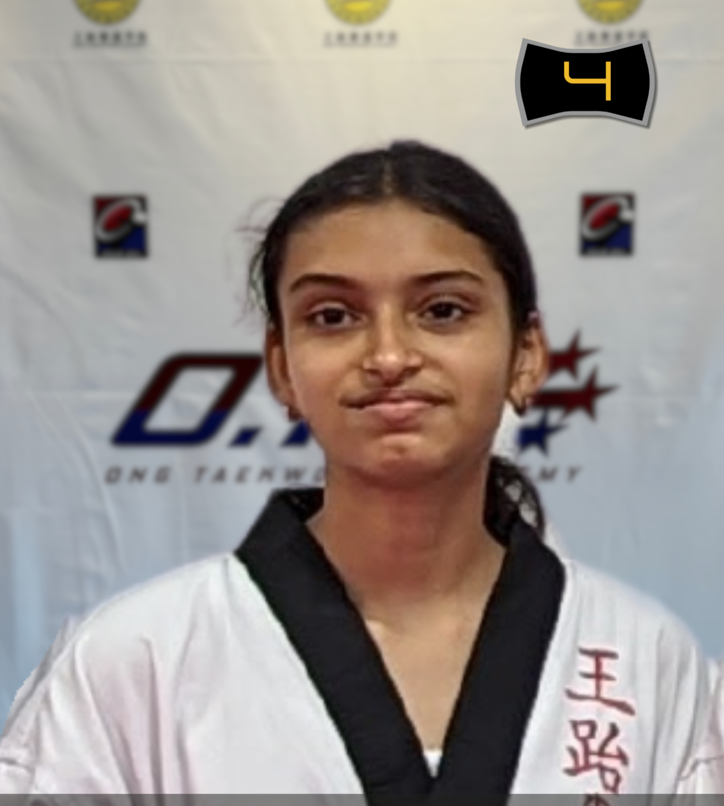 A young girl with dark hair in a taekwondo uniform standing in front of a backdrop with logos. Text overlay reads "ONG TAEKWONDO ACADEMY INSTRUCTOR BATCH 4."