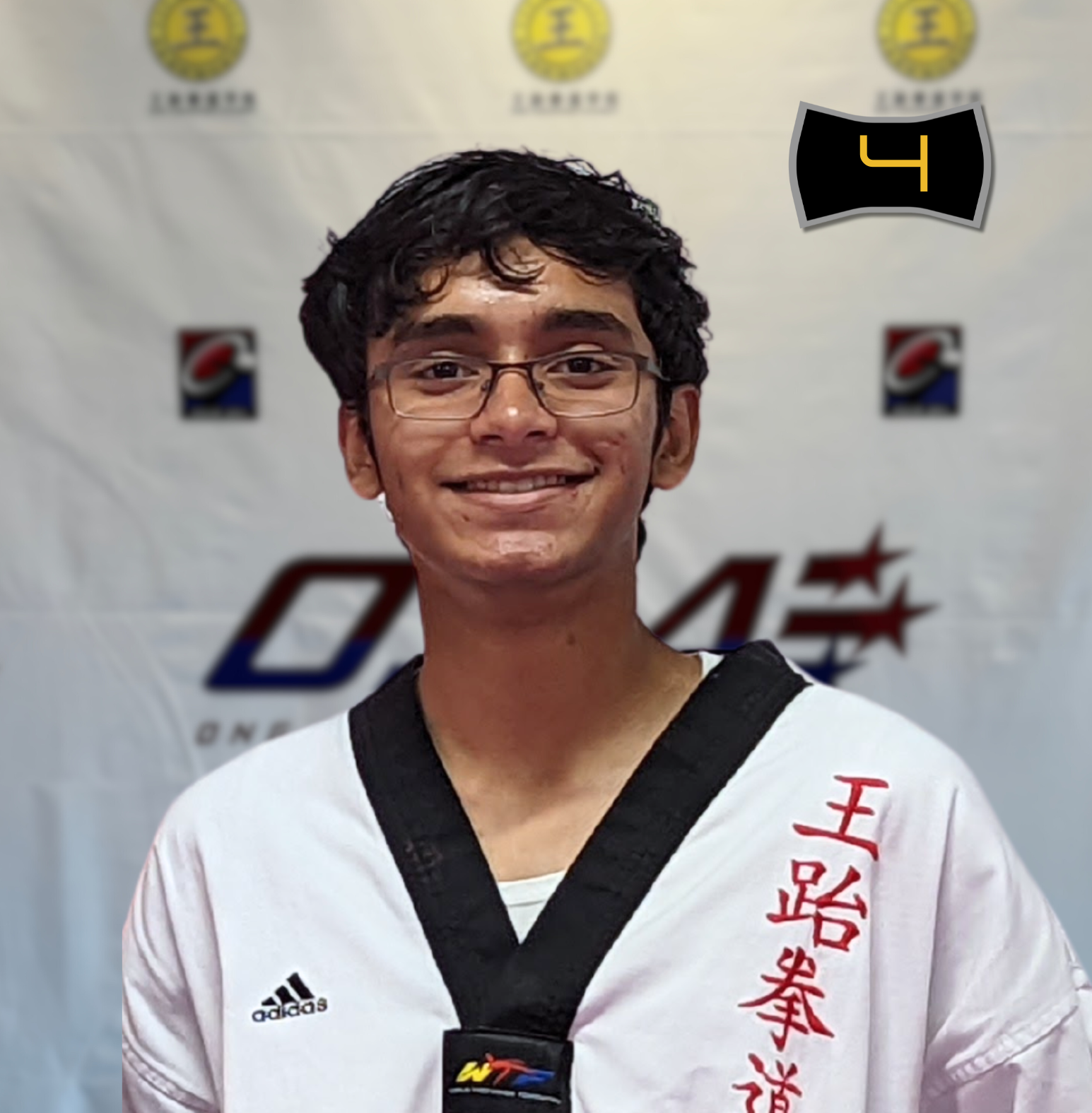 A young man wearing glasses and a white taekwondo uniform with red Chinese characters, smiling, standing in front of a backdrop with logos, with a caption indicating he is an instructor at ONG Taekwondo Academy, Batch 3.