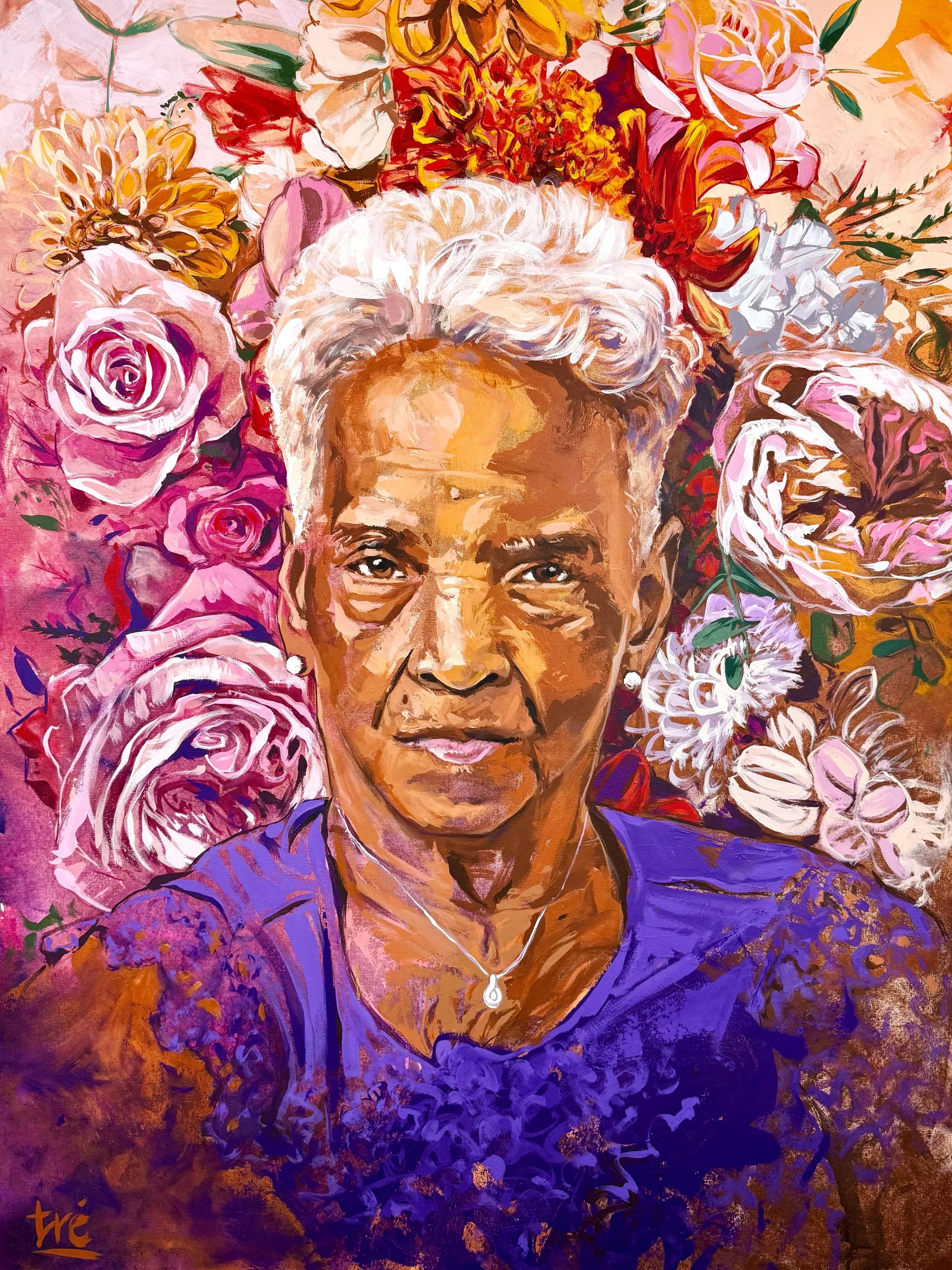 Colorful painting of a woman with a flower crown, long hair with green highlights, and a yellow strap on her shoulder, set against a pink background.