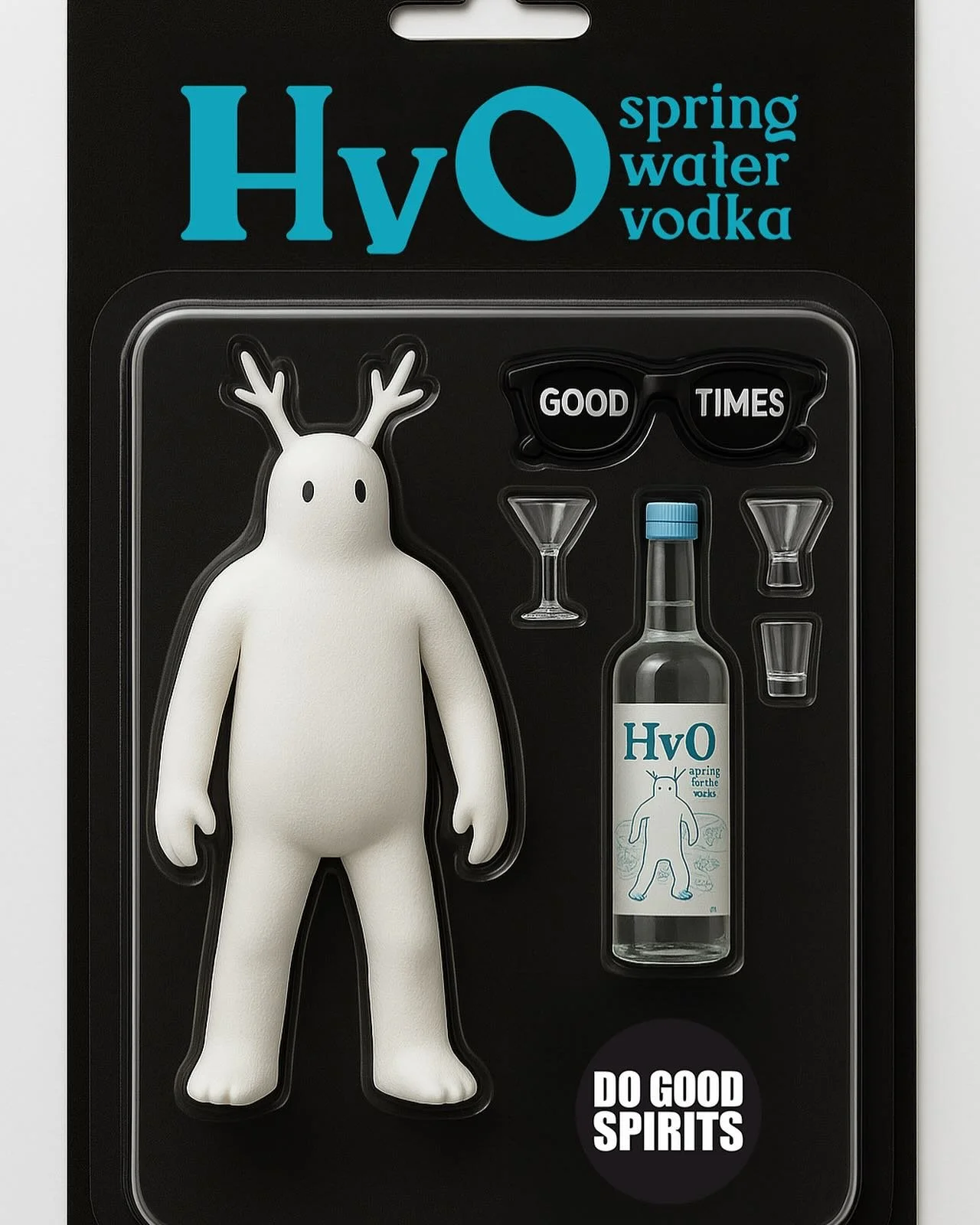 NOW STOCKED ON THE TOP SHELF

Introducing the HvO Spring Water Vodka action figure.
Comes fully loaded with:
&bull; Our premium spring water vodka
&bull; Martini and shot glasses (hydration, but make it classy)
&bull; &ldquo;GOOD TIMES&rdquo; shades
