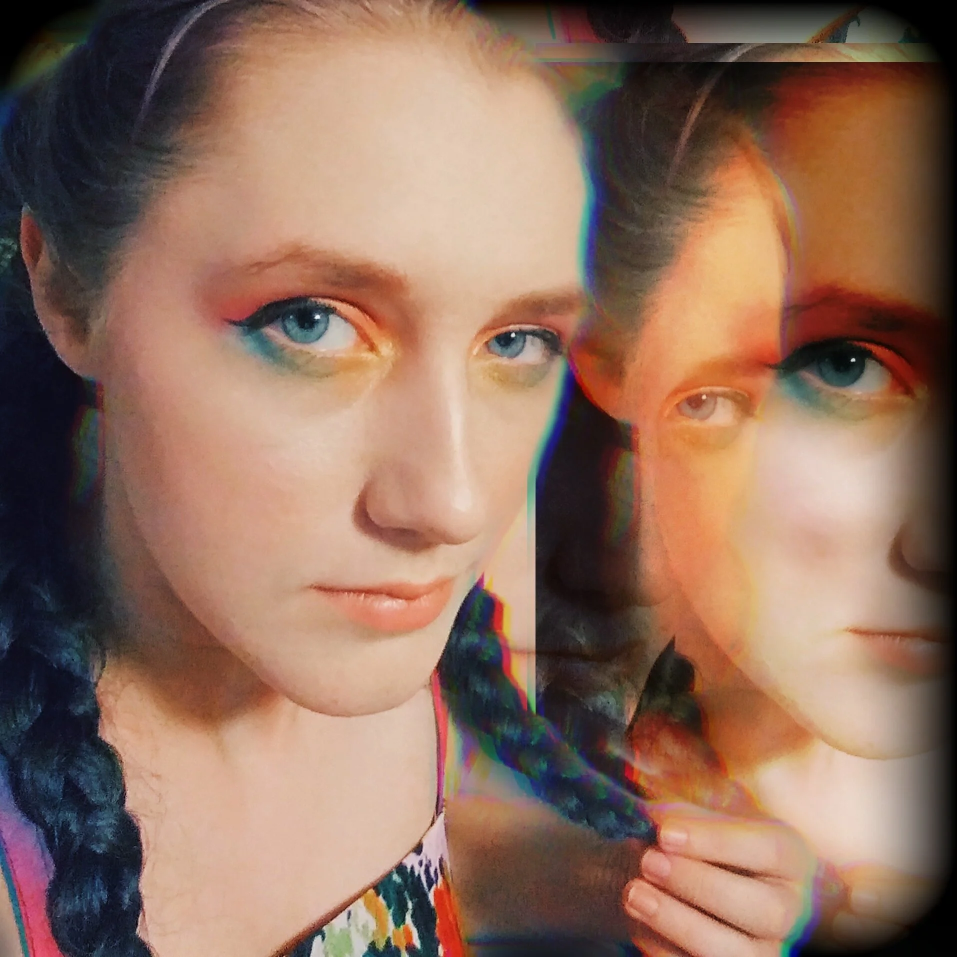 Close-up of a young woman with braided dark hair and bright makeup, looking at the camera with a thoughtful expression, with a distorted multiple exposure effect.