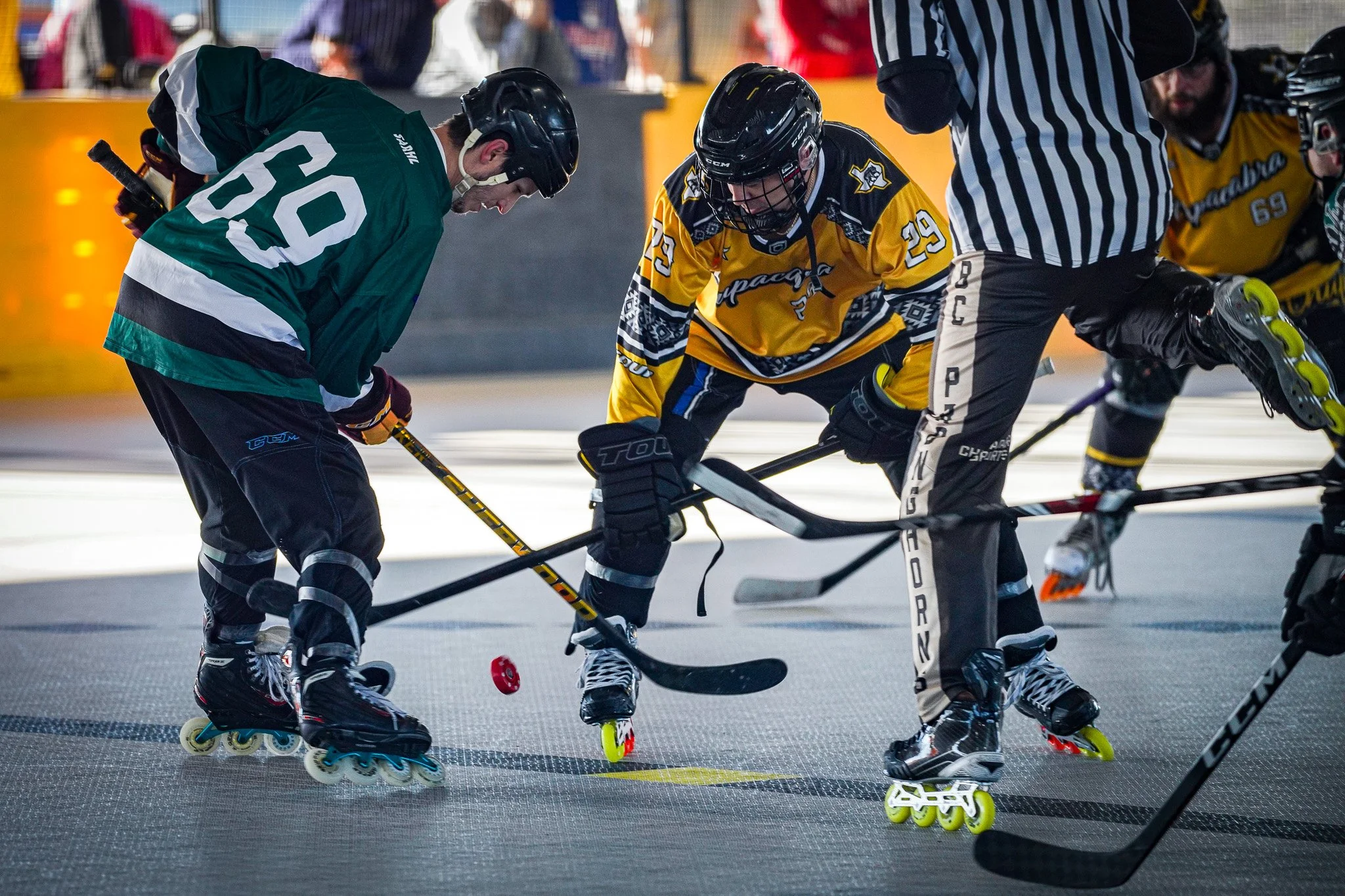 Two roller hockey players face off for the puck during a game, with a referee overseeing the action.